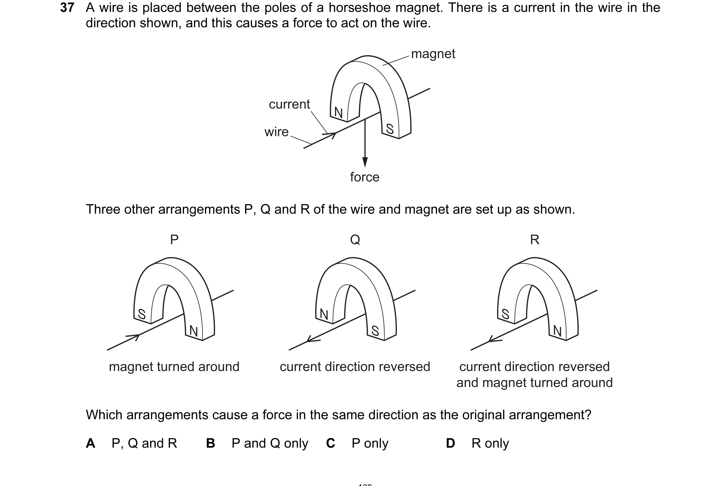 Question 151: A wire is placed between the poles of a horseshoe magnet. There is a current in the wire in the direction shown, and this causes a force to…
