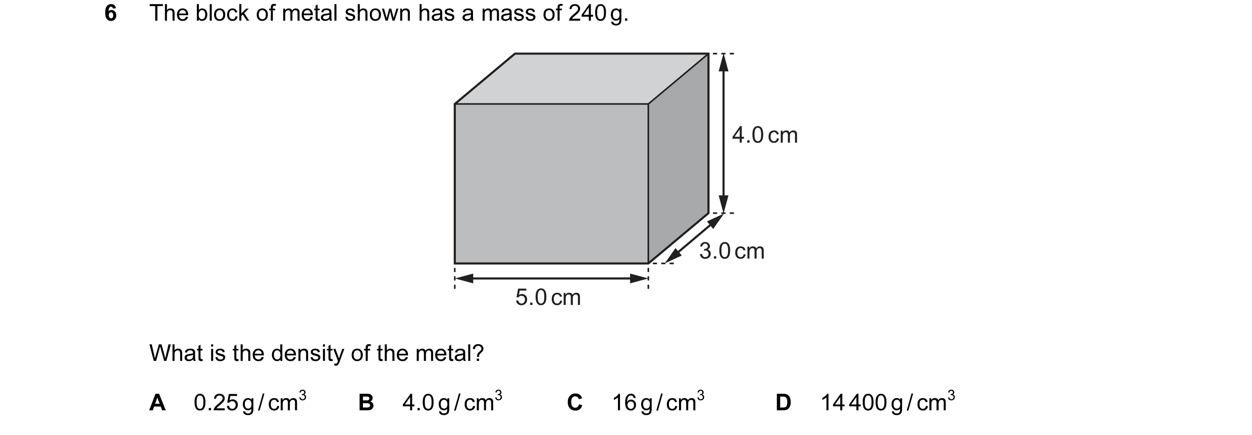 Question 84: The block of metal shown has a mass of 240 g. 4.0 cm 3.0 cm 5.0 cm What is the density of the metal? A 0.25 g / cm3 B 4.0 g / cm3 C 16 g / …
