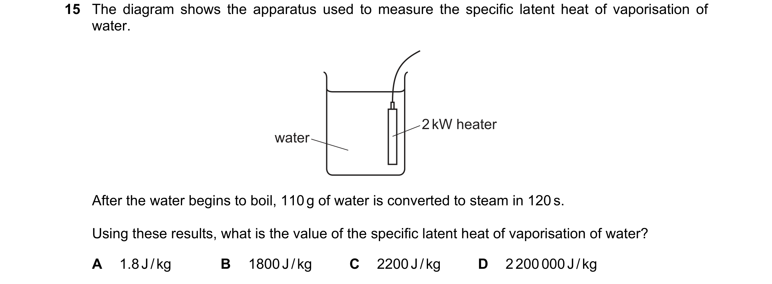 Question 103: The diagram shows the apparatus used to measure the specific latent heat of vaporisation of water. 2 kW heater water After the water begins…