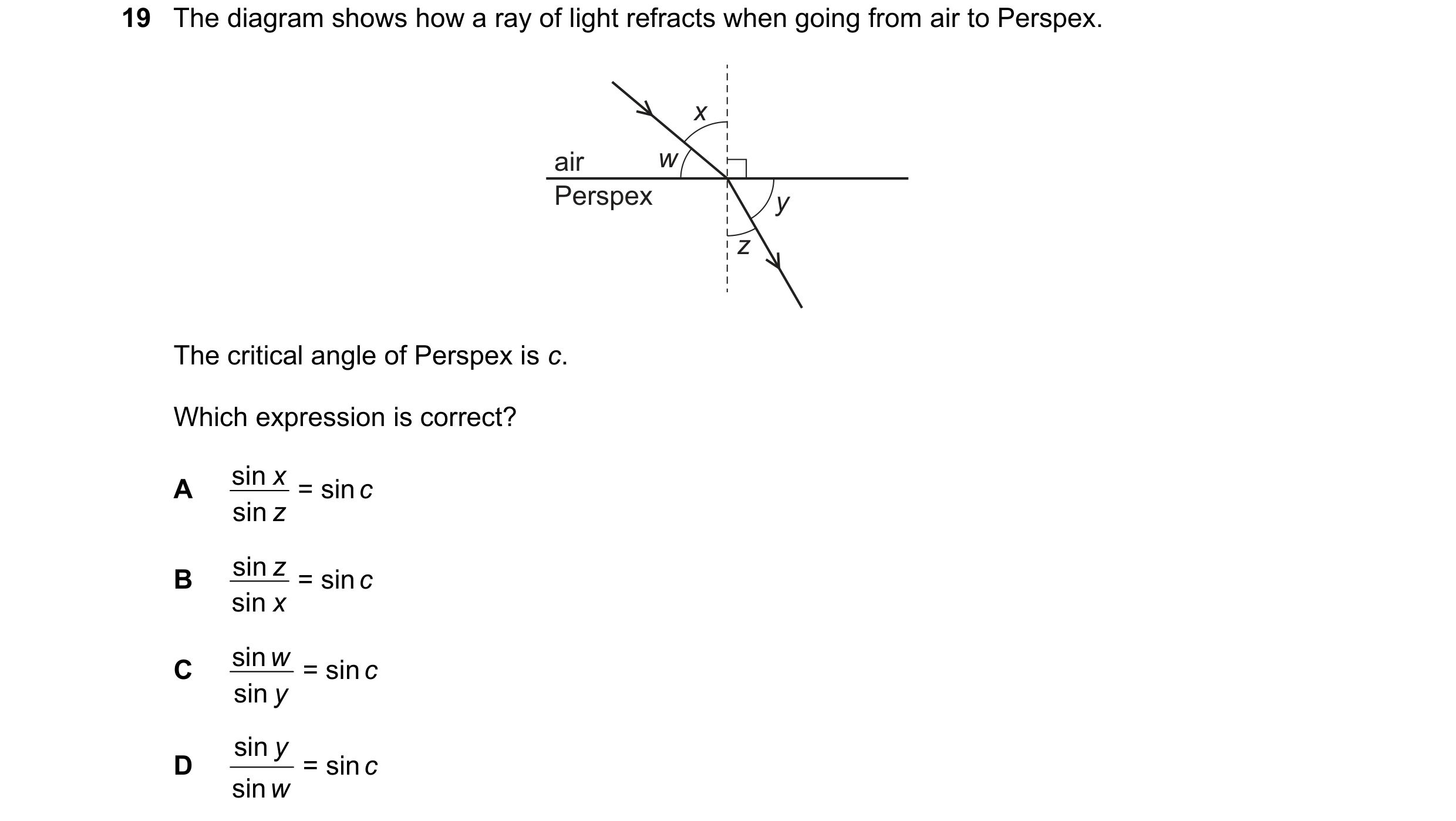 Question 95: The diagram shows how a ray of light refracts when going from air to Perspex. x air w Perspex y z The critical angle of Perspex is c. Which…