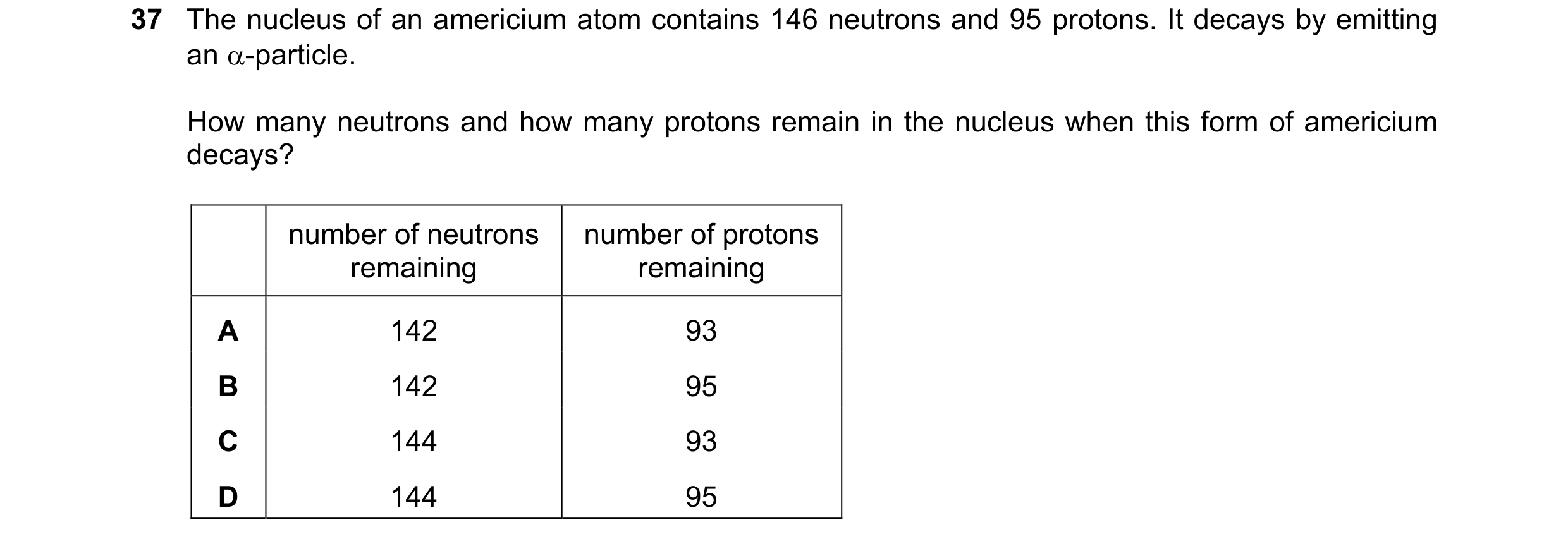 Question 110: The nucleus of an americium atom contains 146 neutrons and 95 protons. It decays by emitting an -particle. How many neutrons and how many …