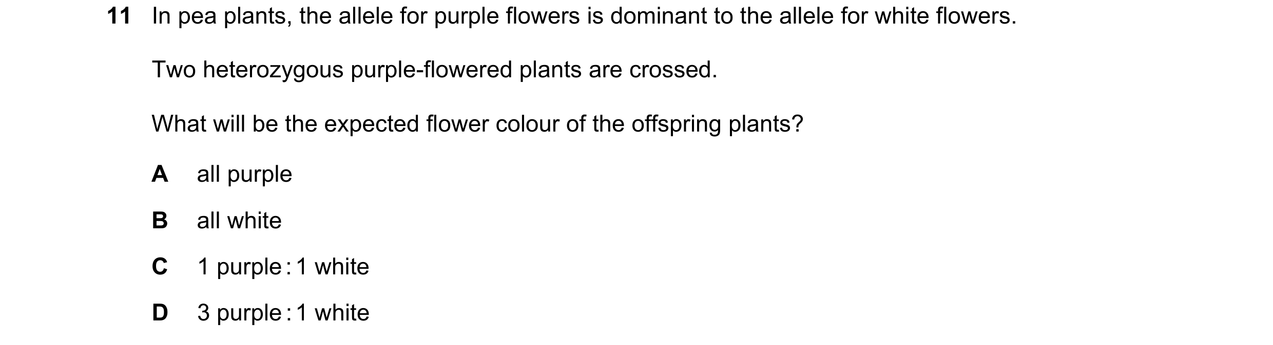 Question 24: In pea plants, the allele for purple flowers is dominant to the allele for white flowers. Two heterozygous purple-flowered plants are cross…