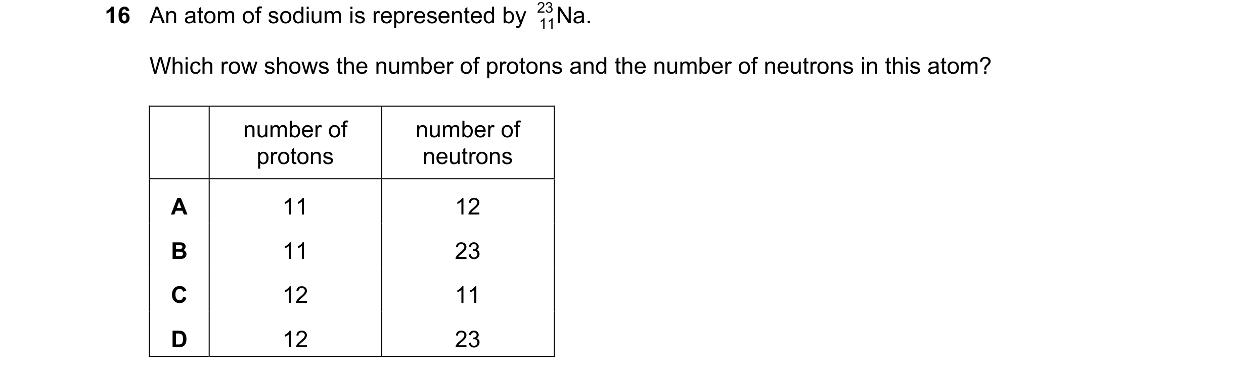 Question 21: An atom of sodium is represented by 23 Na. 11 Which row shows the number of protons and the number of neutrons in this atom? number of numb…