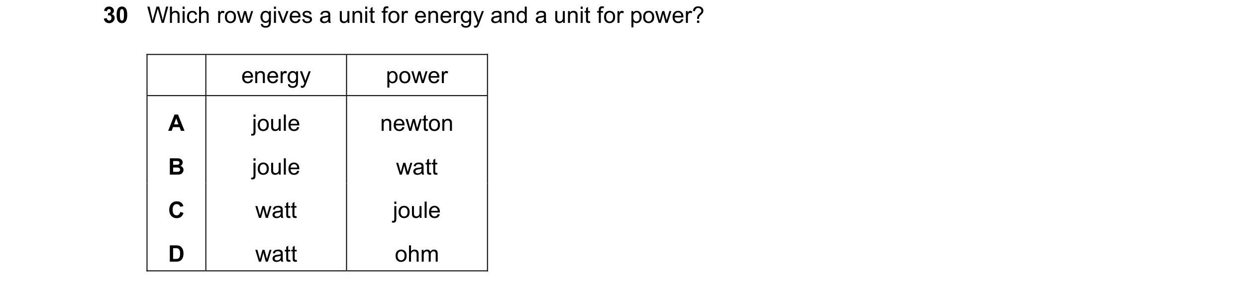 Question 54: Which row gives a unit for energy and a unit for power? energy power A joule newton B joule watt C watt joule D watt ohm