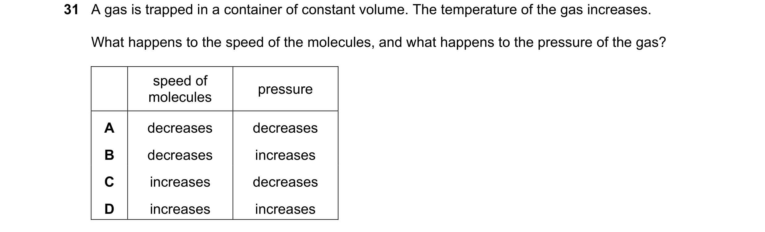 Question 45: A gas is trapped in a container of constant volume. The temperature of the gas increases. What happens to the speed of the molecules, and w…
