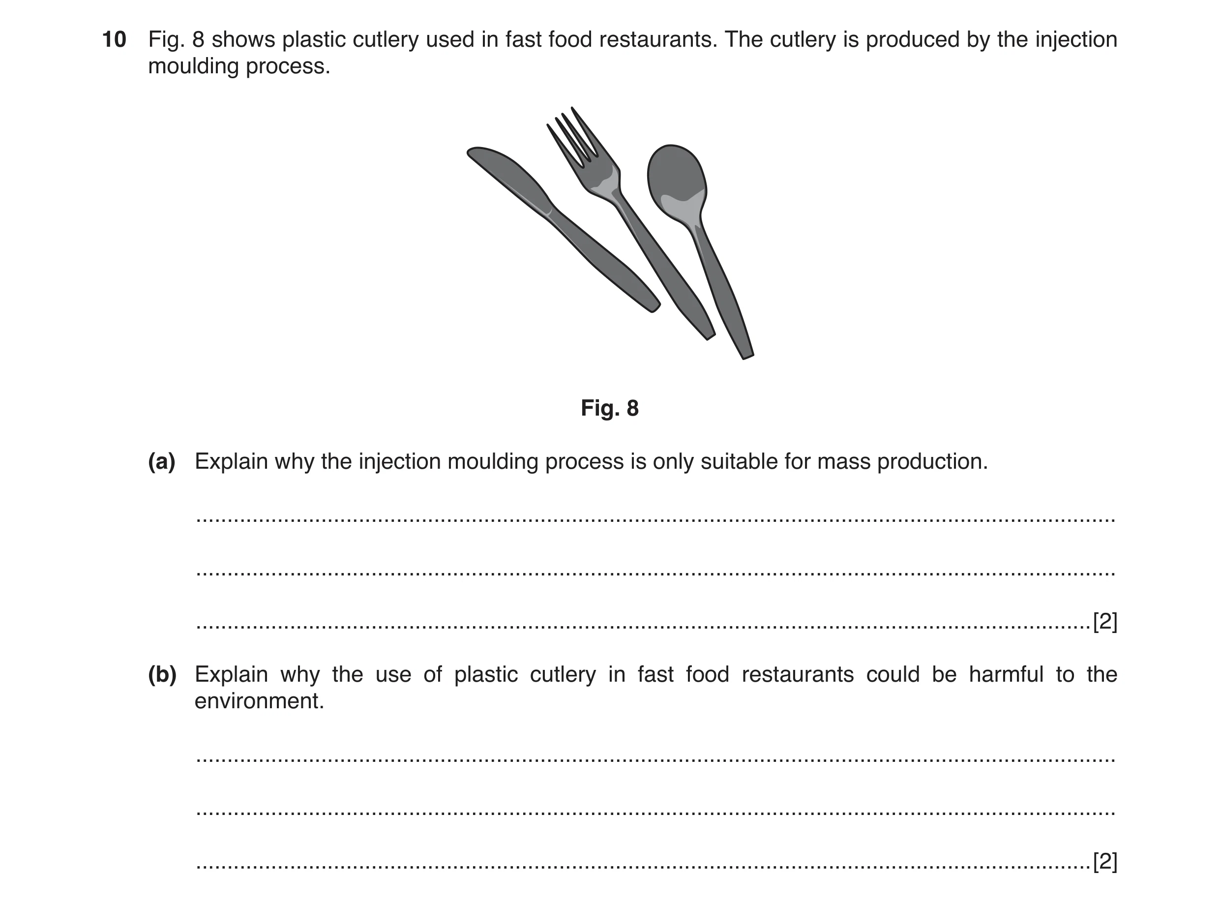 Question 22: Fig. 8 shows plastic cutlery used in fast food restaurants. The cutlery is produced by the injection moulding process. Fig. 8 (a) Explain w…