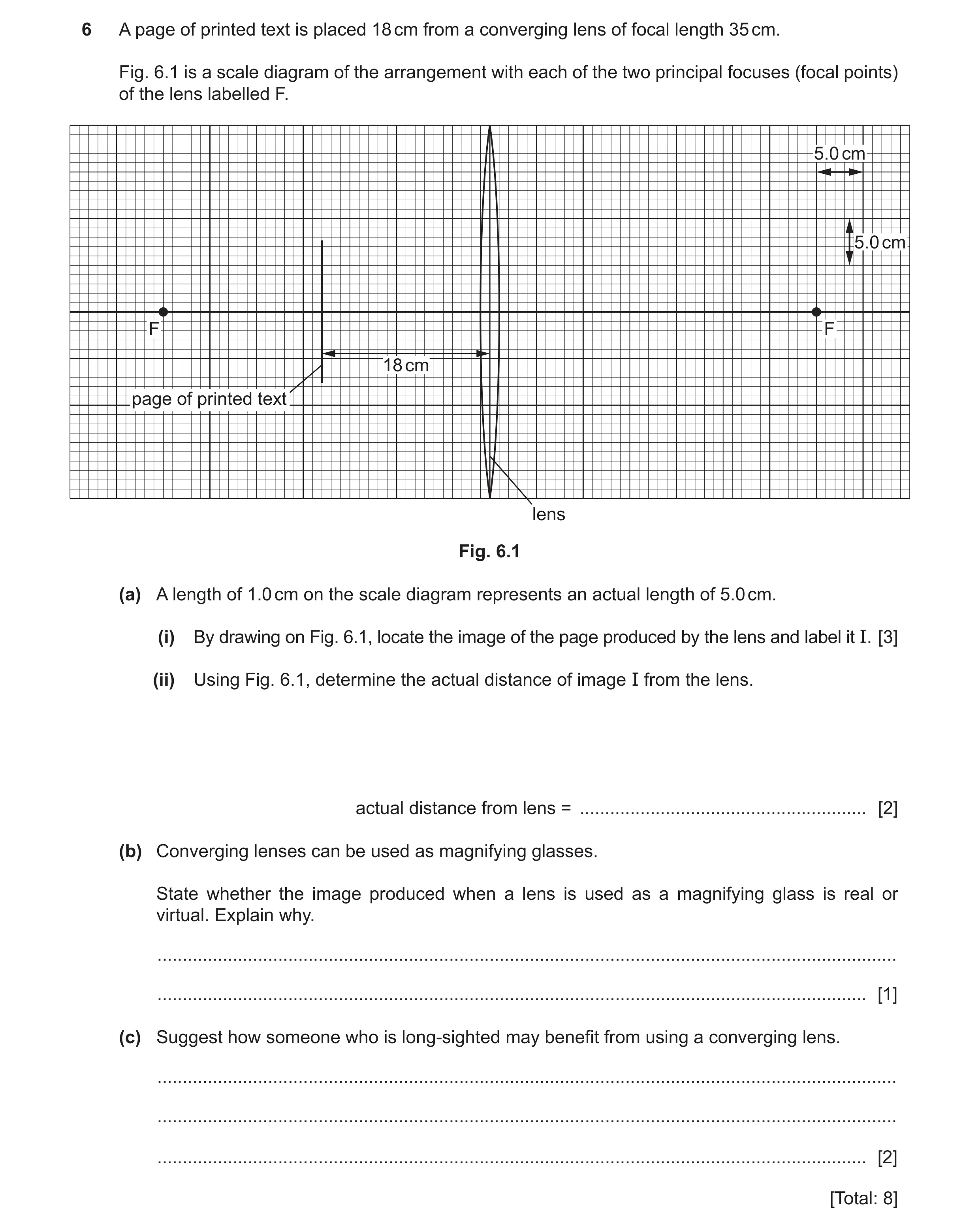 Question 40: A page of printed text is placed 18 cm from a converging lens of focal length 35 cm. Fig. 6.1 is a scale diagram of the arrangement with ea…