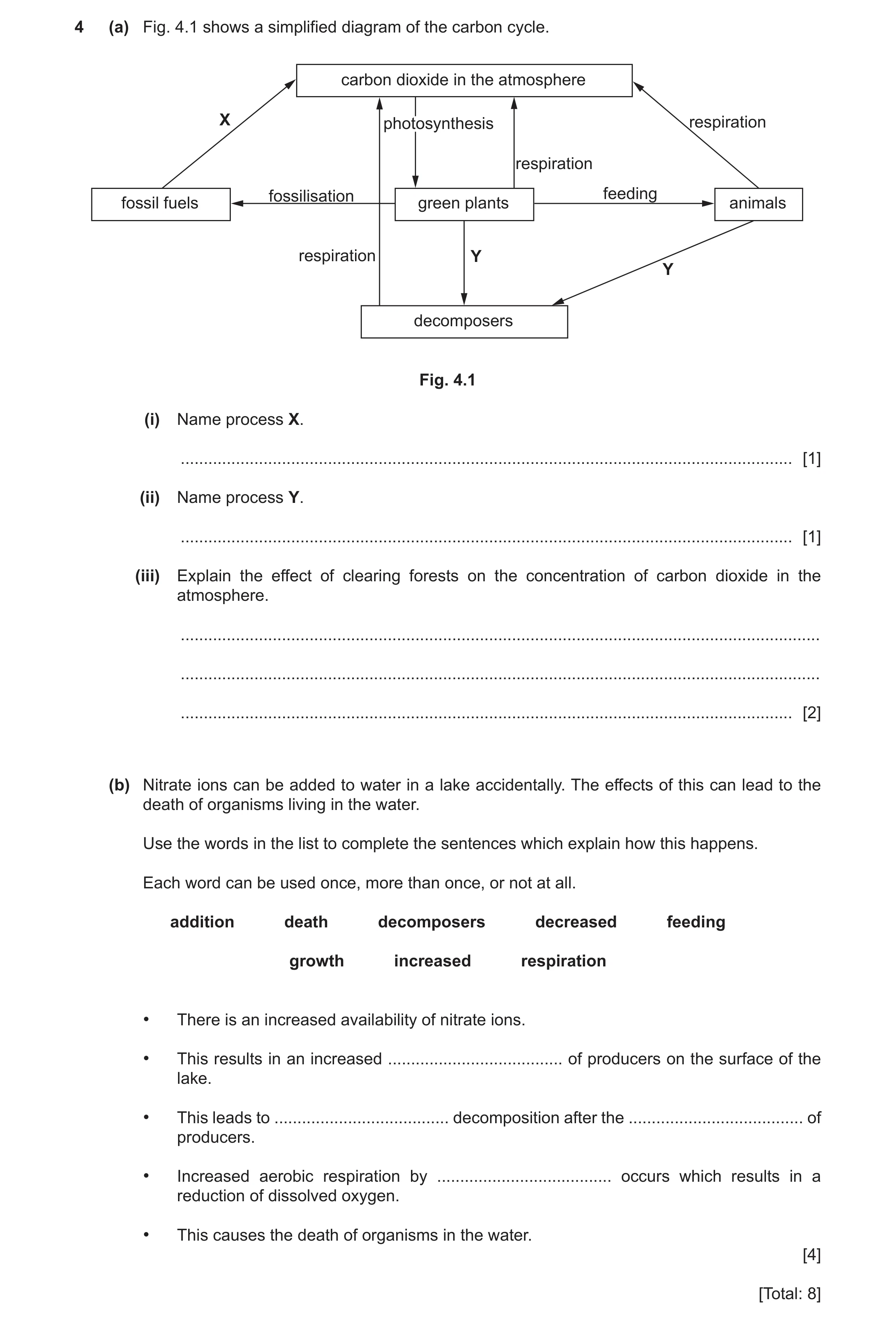 Question 6: (a) Fig. 4.1 shows a simplified diagram of the carbon cycle. carbon dioxide in the atmosphere X photosynthesis respiration respiration foss…