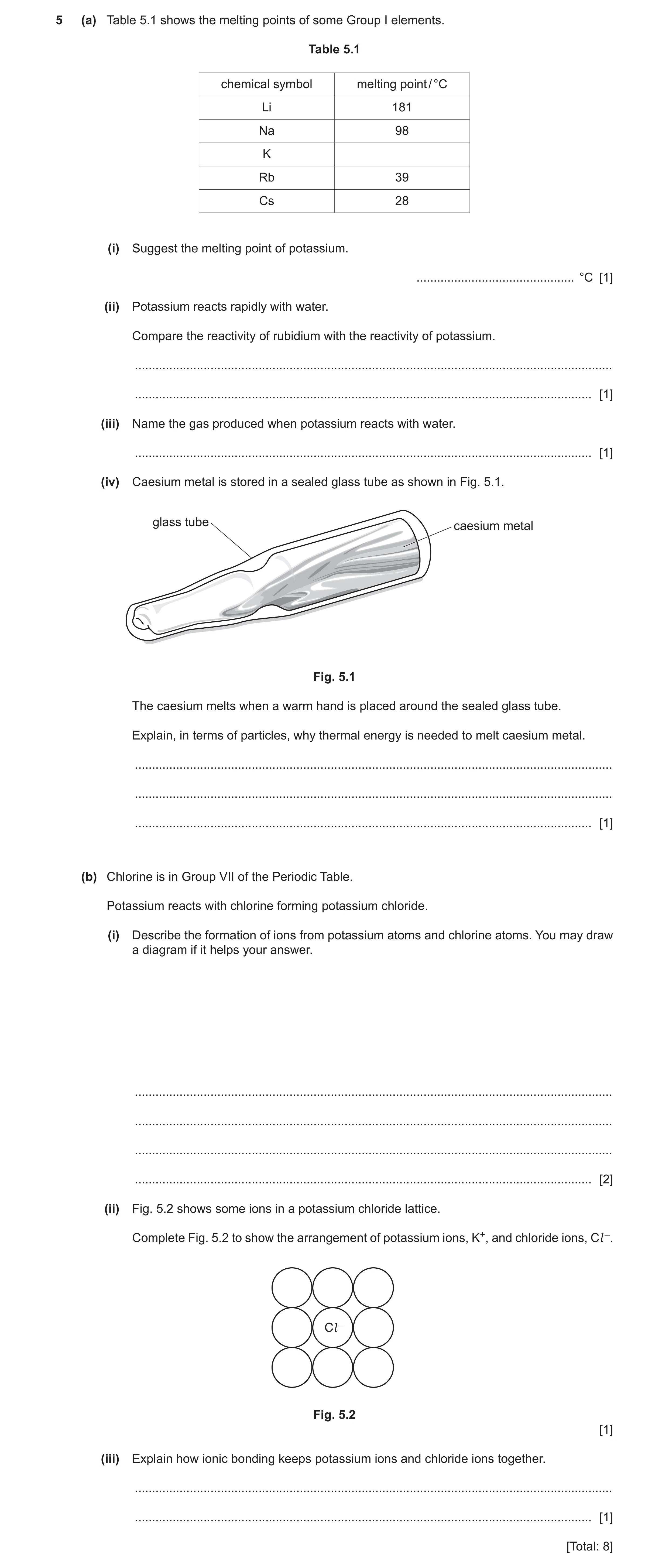 Question 5: (a) Table 5.1 shows the melting points of some Group I elements. Table 5.1 chemical symbol melting point / °C Li 181 Na 98 K Rb 39 Cs 28 (i…