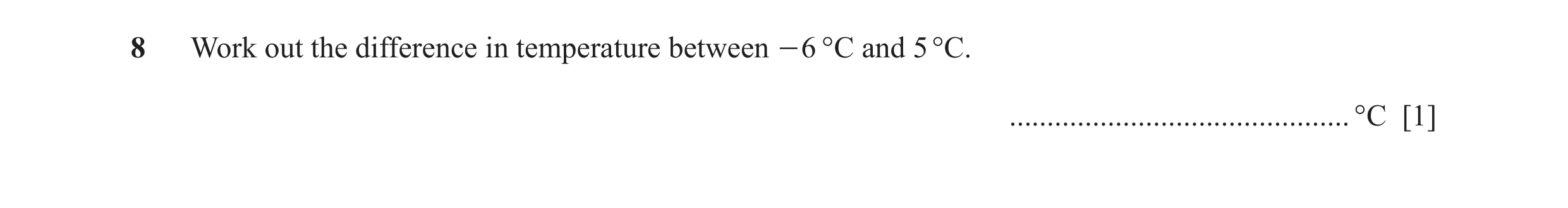 Question 86: Work out the difference in temperature between - 6 °C and 5 °C. ............................................. °C [1]