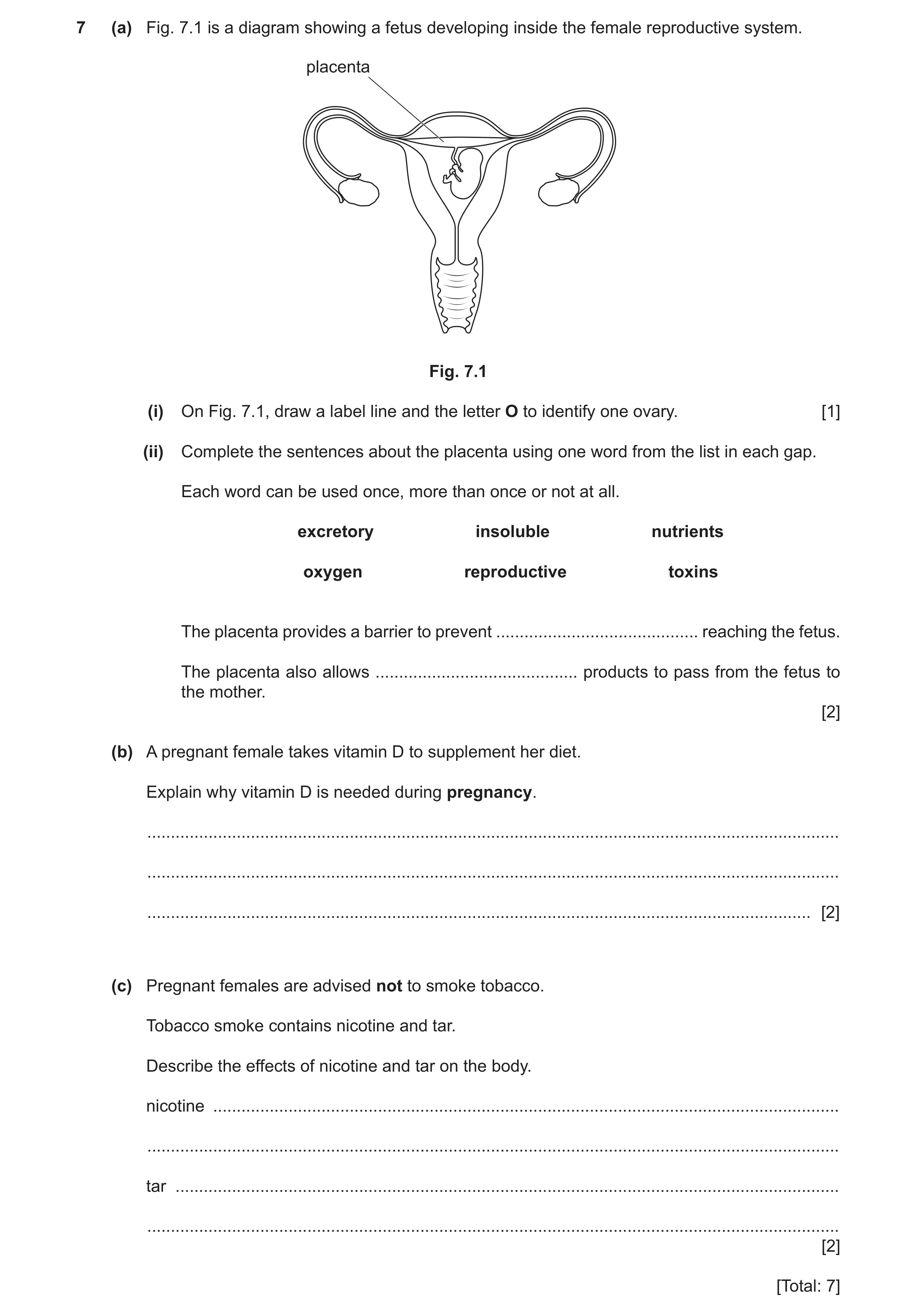 Question 11: (a) Fig. 7.1 is a diagram showing a fetus developing inside the female reproductive system. placenta Fig. 7.1 (i) On Fig. 7.1, draw a label…