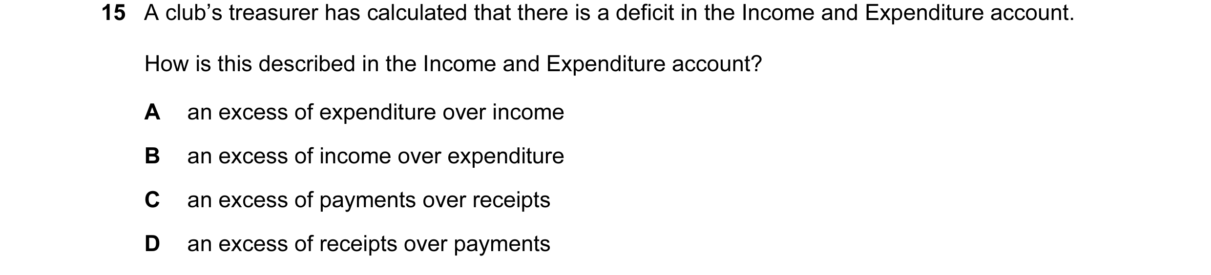 Question 21: A club’s treasurer has calculated that there is a deficit in the Income and Expenditure account. How is this described in the Income and Ex…