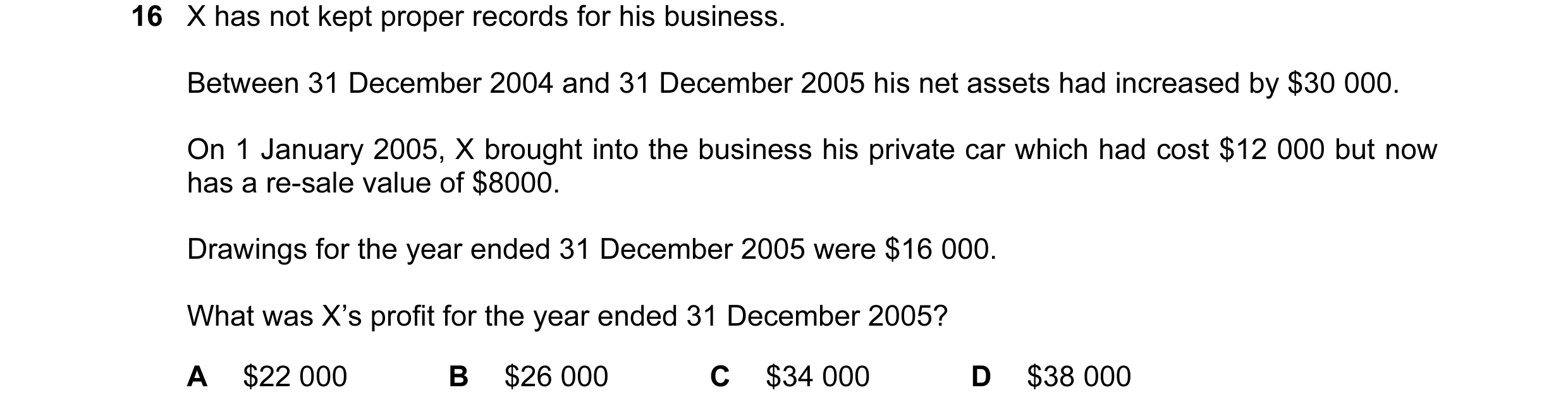 Question 22: X has not kept proper records for his business. Between 31 December 2004 and 31 December 2005 his net assets had increased by $30 000. On 1…