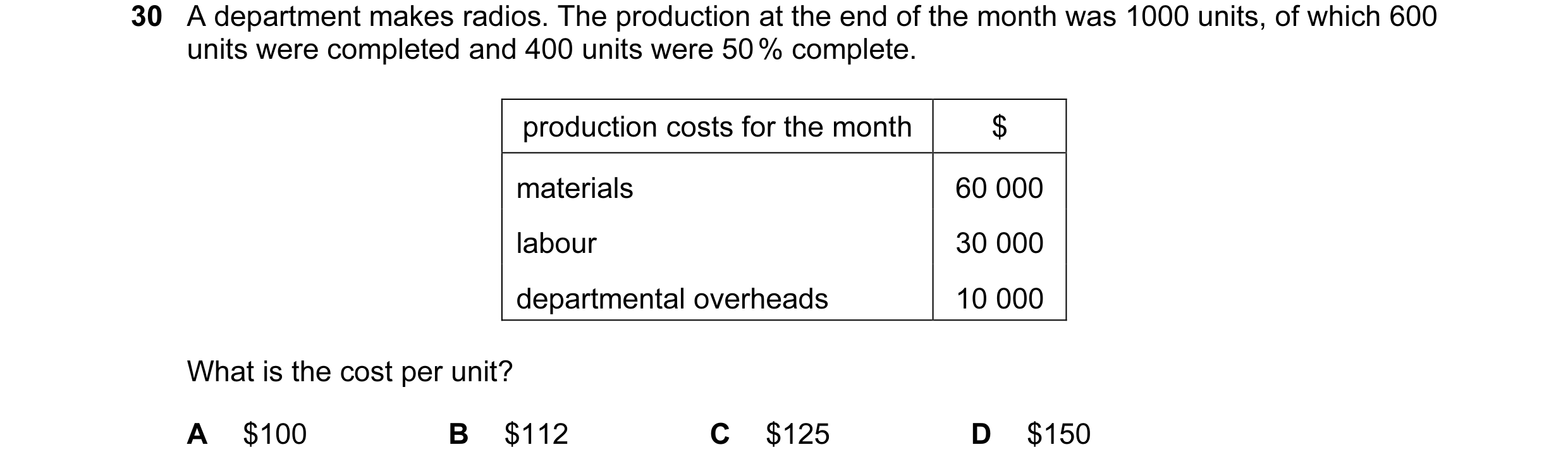 Question 6: A department makes radios. The production at the end of the month was 1000 units, of which 600 units were completed and 400 units were 50 %…