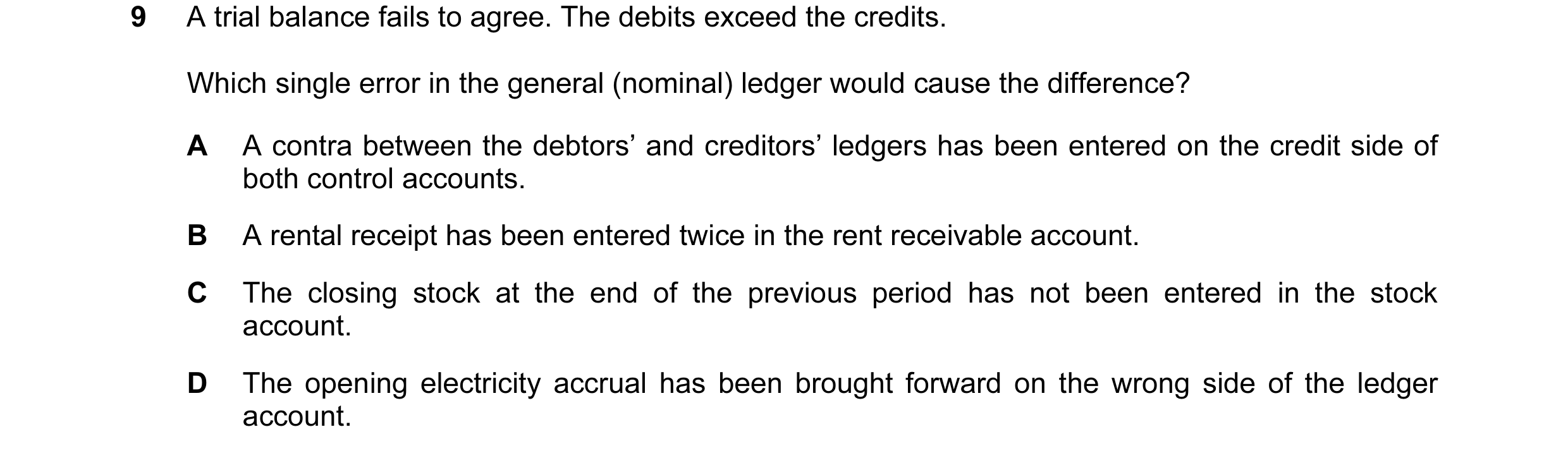 Question 6: A trial balance fails to agree. The debits exceed the credits. Which single error in the general (nominal) ledger would cause the differenc…