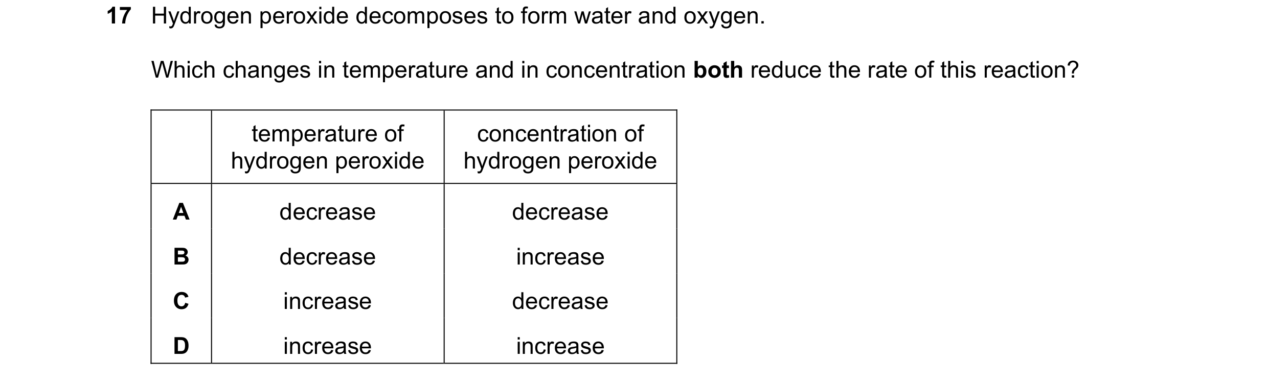 Question 32: Hydrogen peroxide decomposes to form water and oxygen. Which changes in temperature and in concentration both reduce the rate of this react…