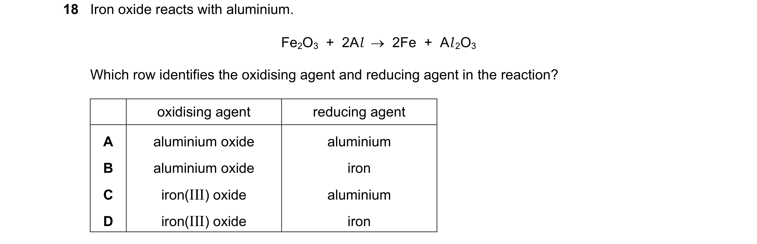 Question 23: Iron oxide reacts with aluminium. Fe2O3 + 2Al 2Fe + Al 2O3 Which row identifies the oxidising agent and reducing agent in the react…