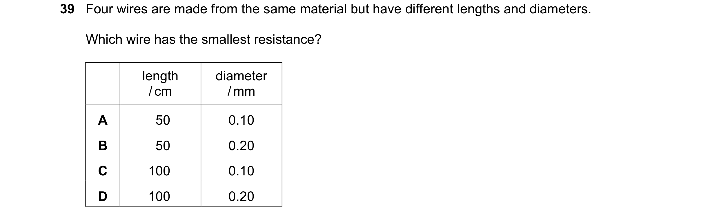 Question 70: Four wires are made from the same material but have different lengths and diameters. Which wire has the smallest resistance? length diamete…