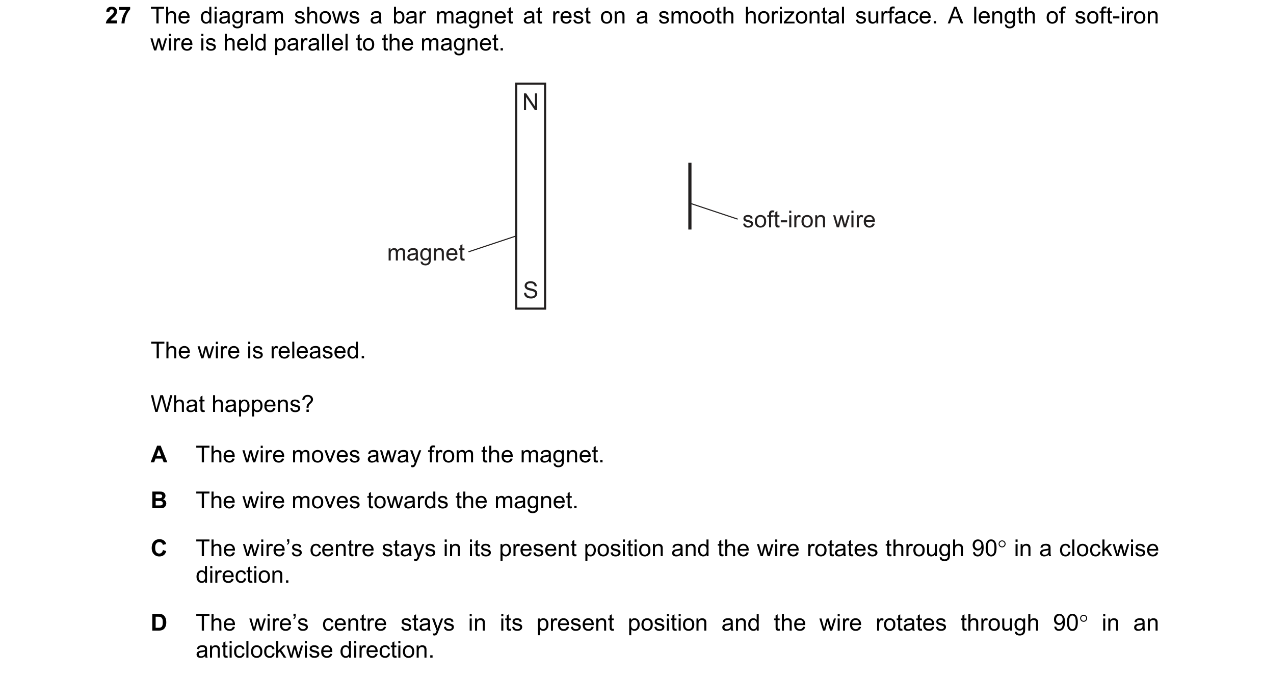 Question 133: The diagram shows a bar magnet at rest on a smooth horizontal surface. A length of soft-iron wire is held parallel to the magnet. N soft-ir…