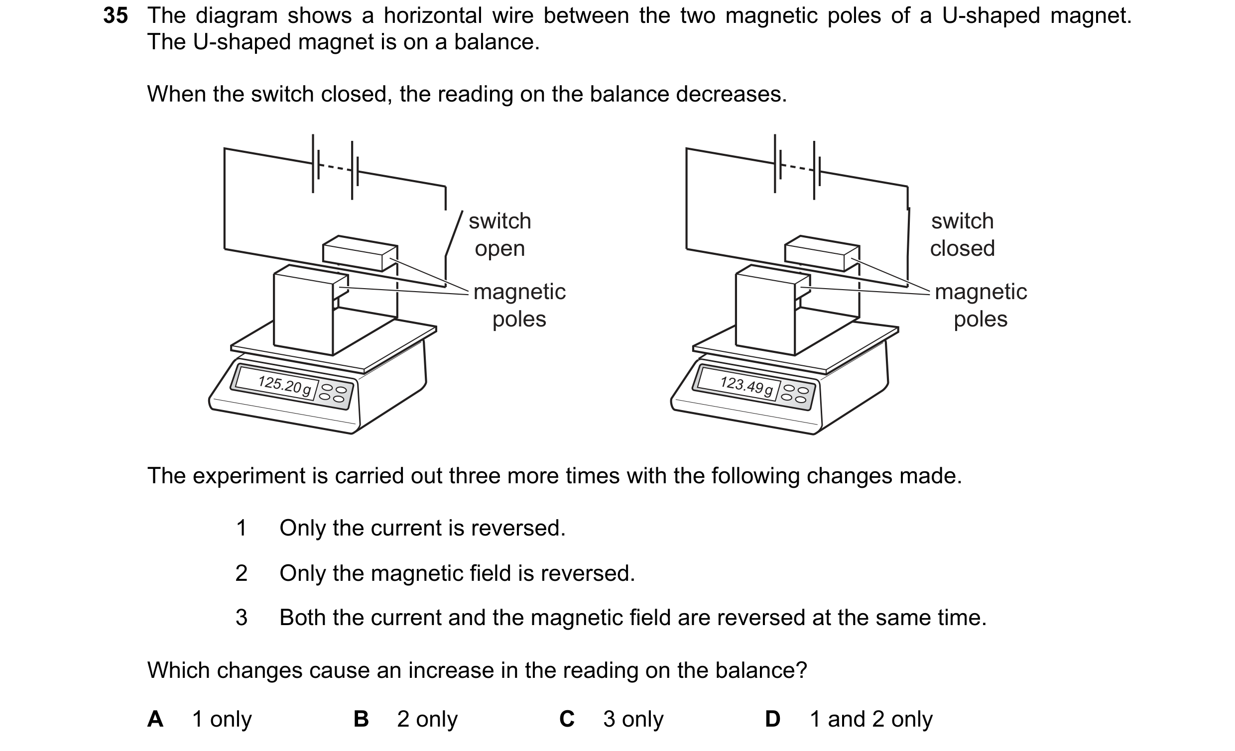 Question 177: The diagram shows a horizontal wire between the two magnetic poles of a U-shaped magnet. The U-shaped magnet is on a balance. When the swit…