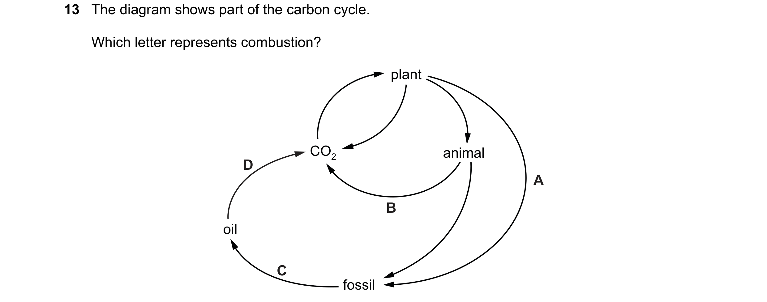 Question 39: The diagram shows part of the carbon cycle. Which letter represents combustion? plant CO2 animal D A B oil C fossil