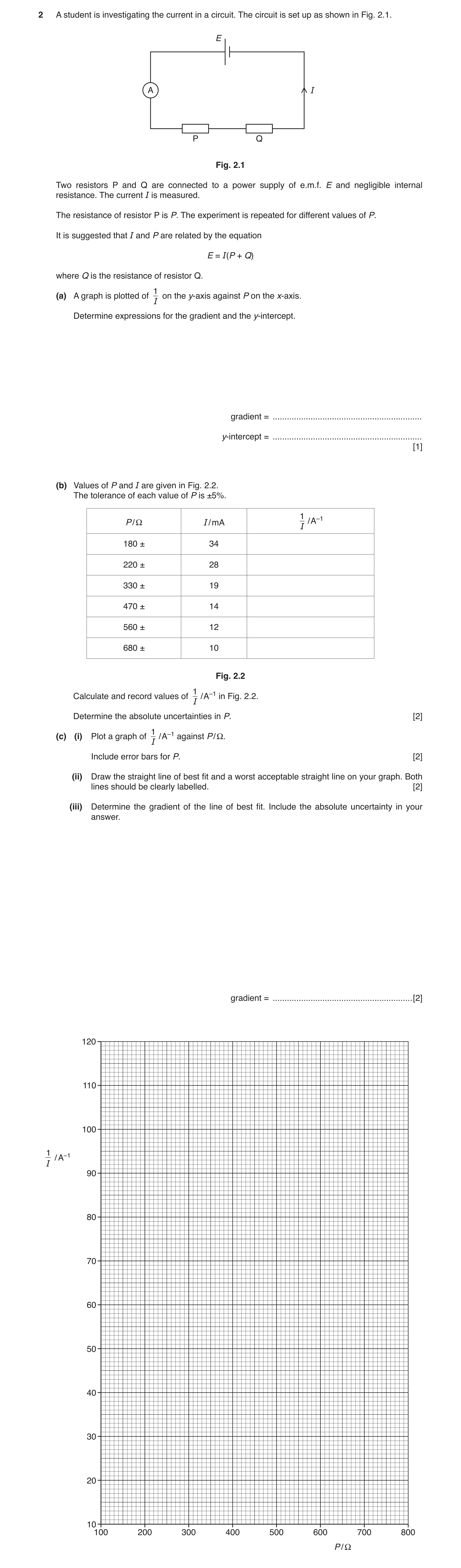 Question 24: A student is investigating the current in a circuit. The circuit is set up as shown in Fig. 2.1. E A I P Q Fig. 2.1 Two resistors P and Q a…