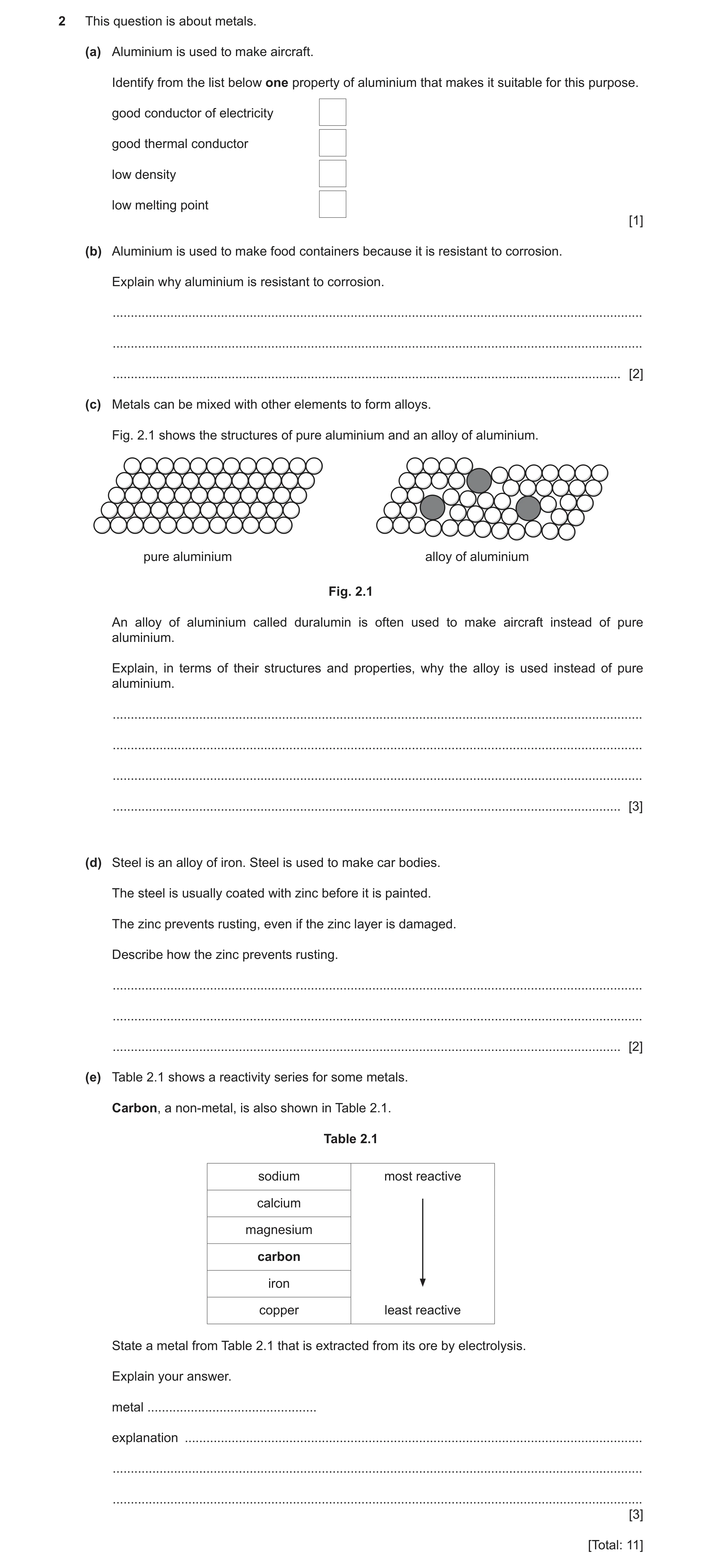 Question 10: This question is about metals. (a) Aluminium is used to make aircraft. Identify from the list below one property of aluminium that makes it…