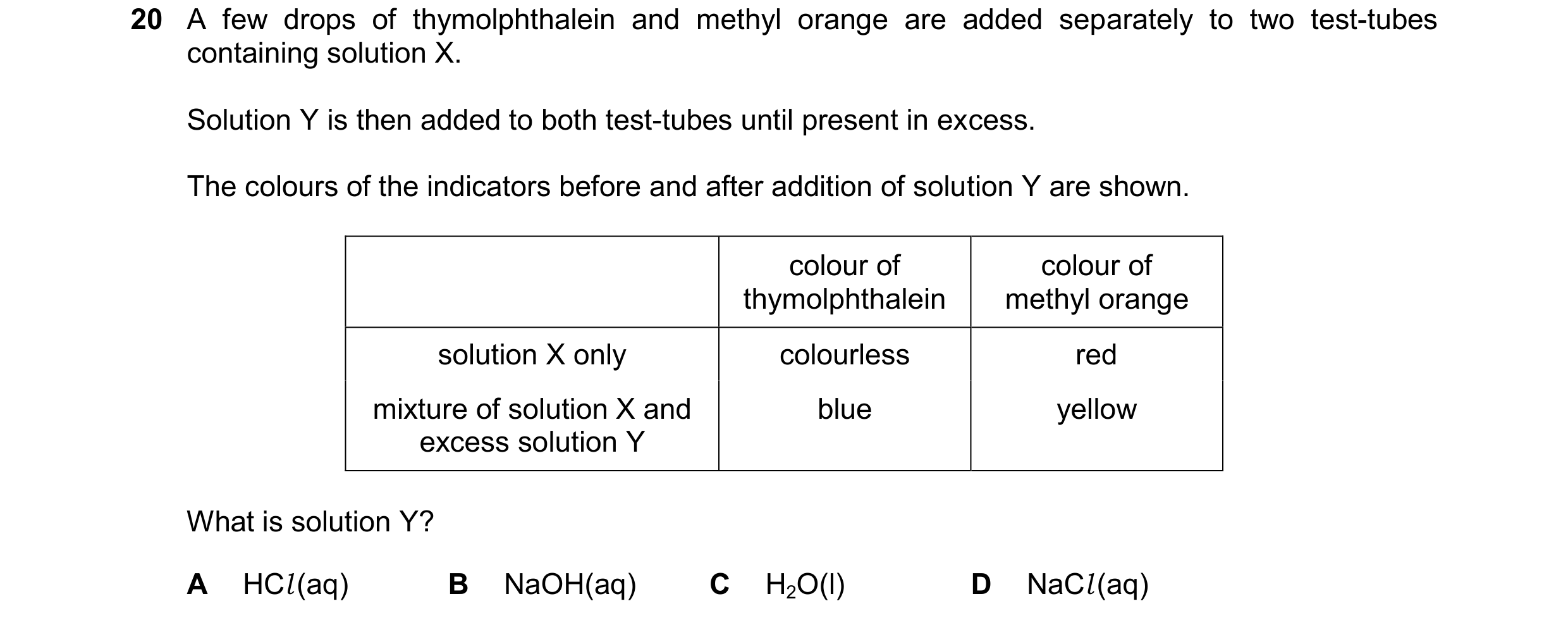 Question 29: A few drops of thymolphthalein and methyl orange are added separately to two test-tubes containing solution X. Solution Y is then added to …