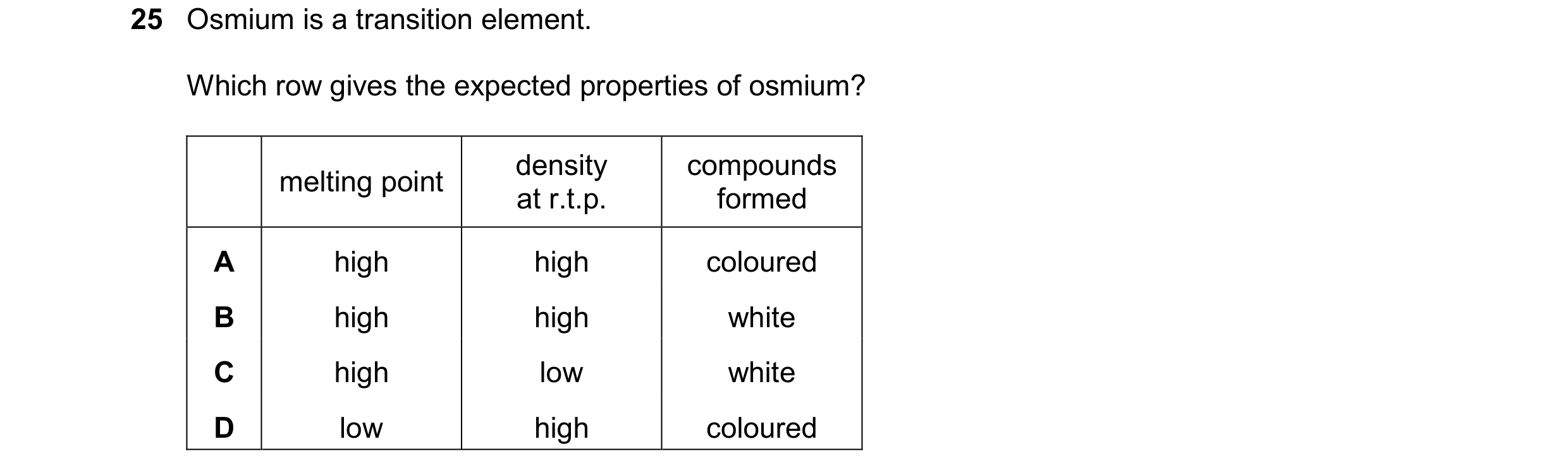 Question 19: Osmium is a transition element. Which row gives the expected properties of osmium? density compounds melting point at r.t.p. formed A high …