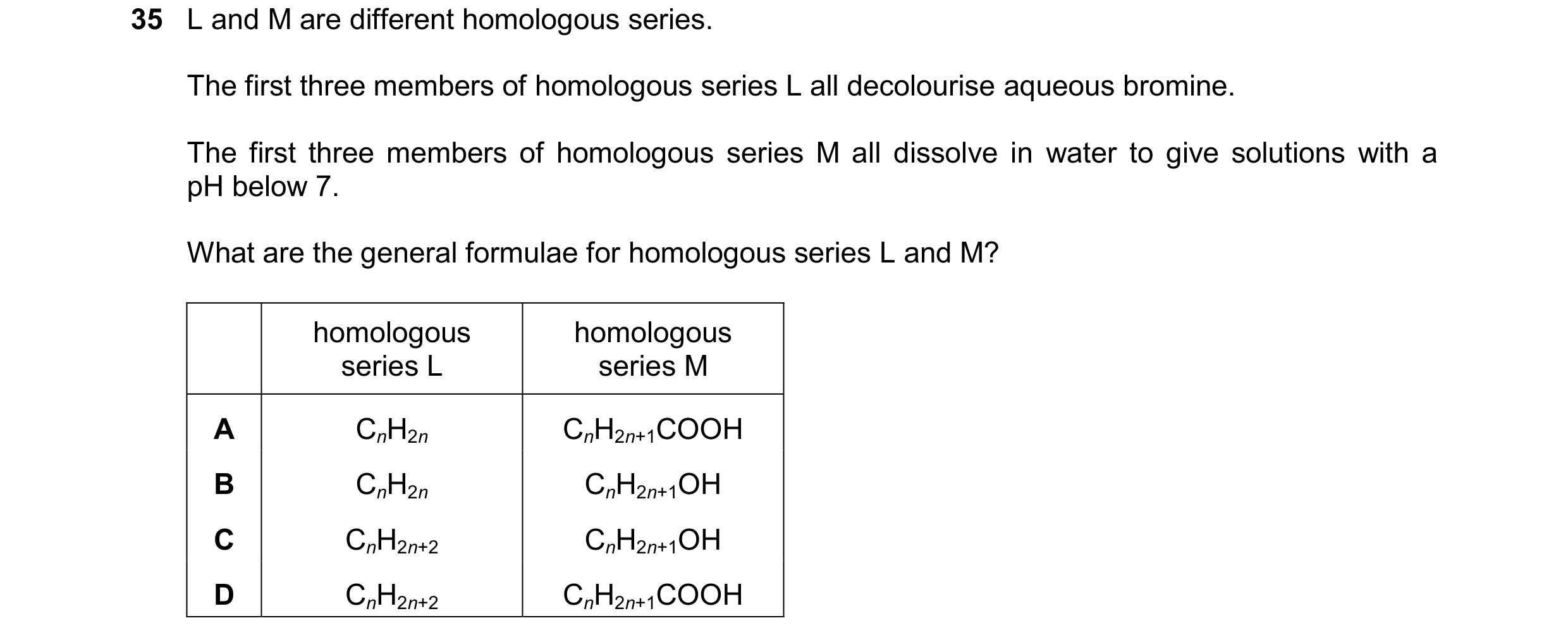 Question 22: L and M are different homologous series. The first three members of homologous series L all decolourise aqueous bromine. The first three me…