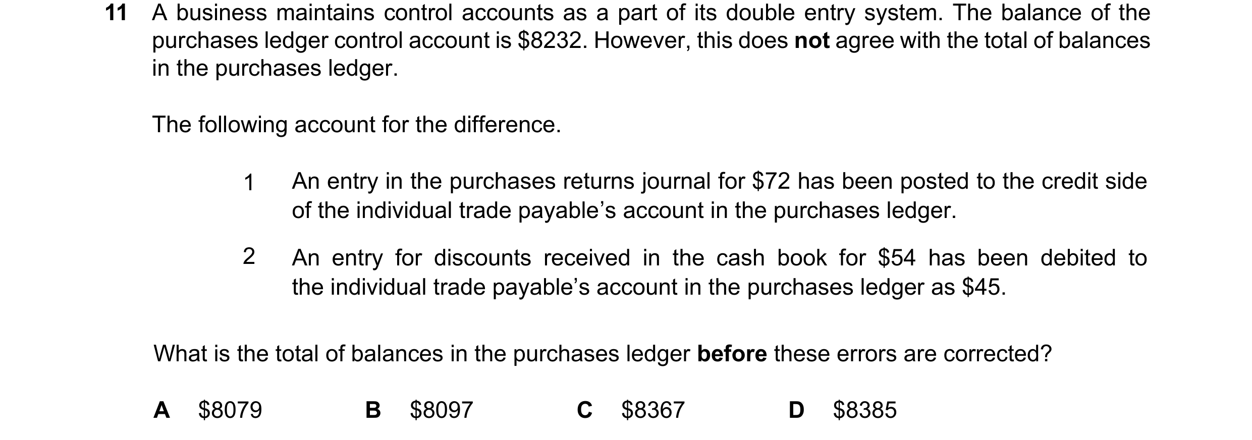 Question 425: A business maintains control accounts as a part of its double entry system. The balance of the purchases ledger control account is $8232. H…