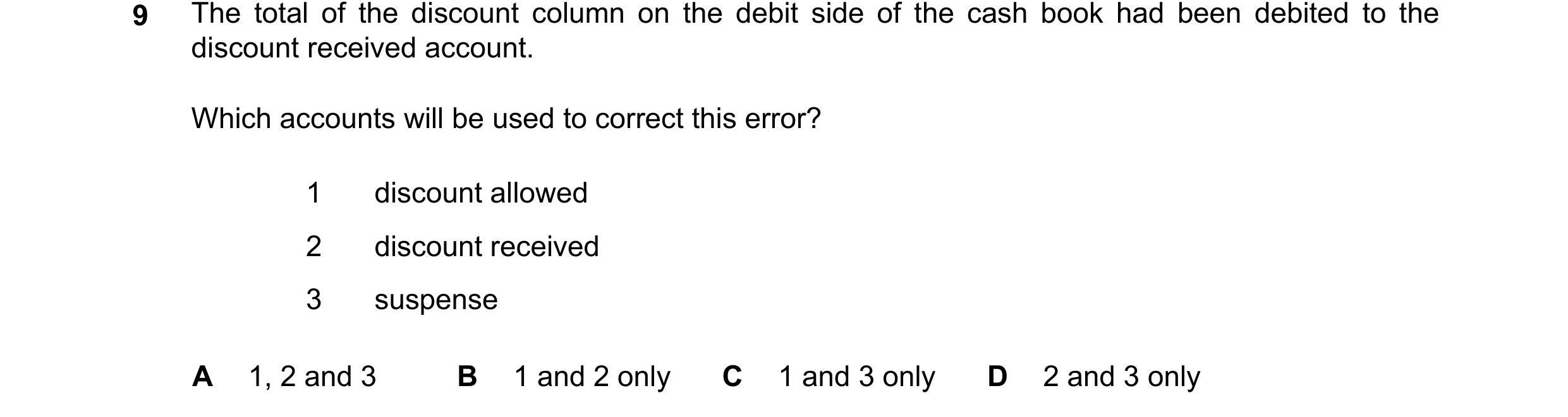 Question 423: The total of the discount column on the debit side of the cash book had been debited to the discount received account. Which accounts will …