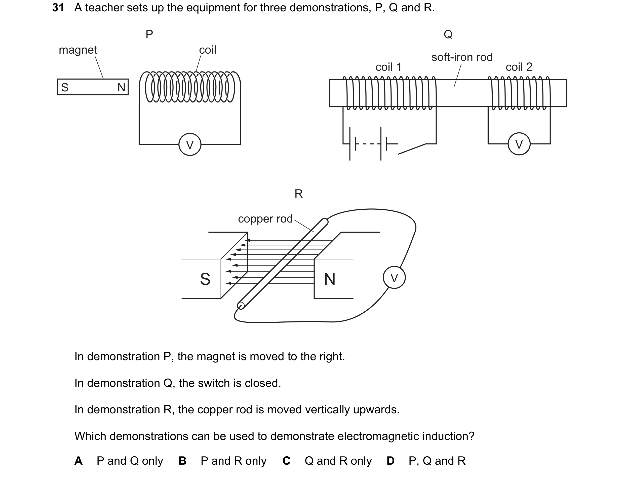 Question 262: A teacher sets up the equipment for three demonstrations, P, Q and R. P Q magnet coil soft-iron rod coil 1 coil 2 S N V V R copper rod S N …