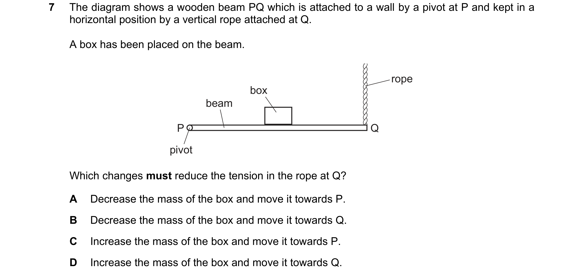 Question 283: The diagram shows a wooden beam PQ which is attached to a wall by a pivot at P and kept in a horizontal position by a vertical rope attache…