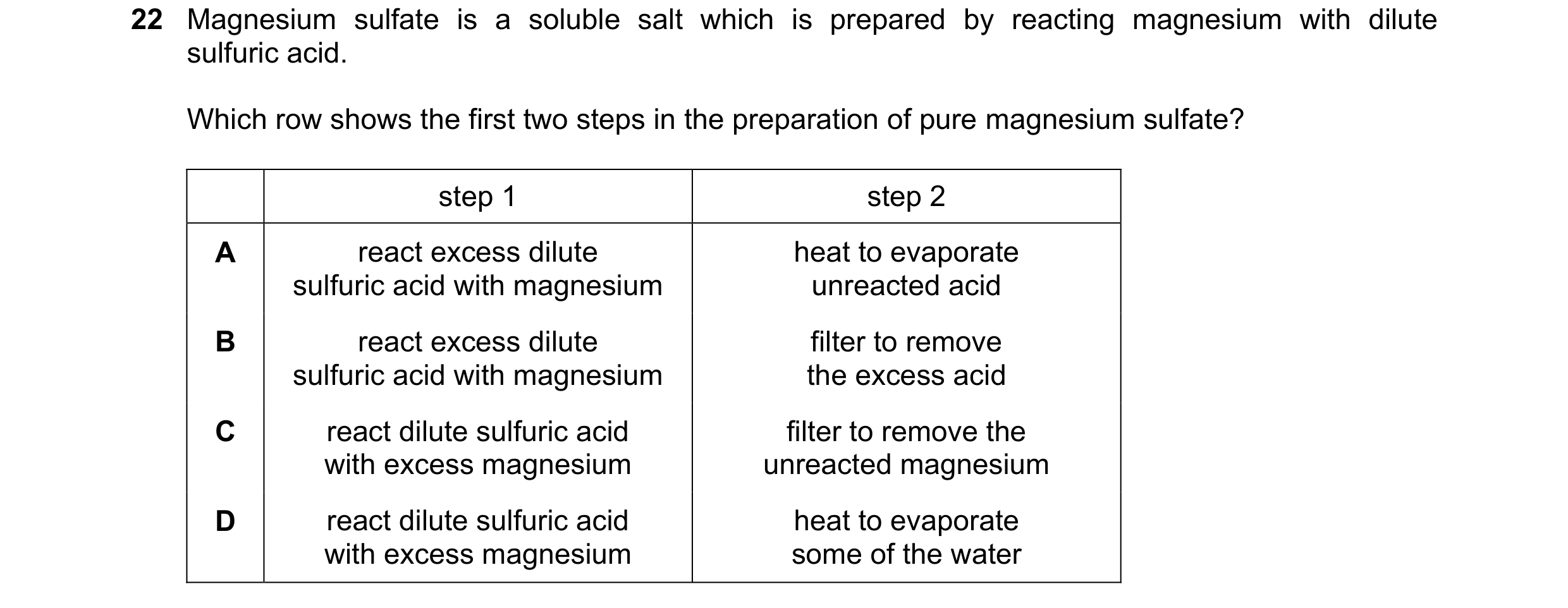 Question 28: Magnesium sulfate is a soluble salt which is prepared by reacting magnesium with dilute sulfuric acid. Which row shows the first two steps …