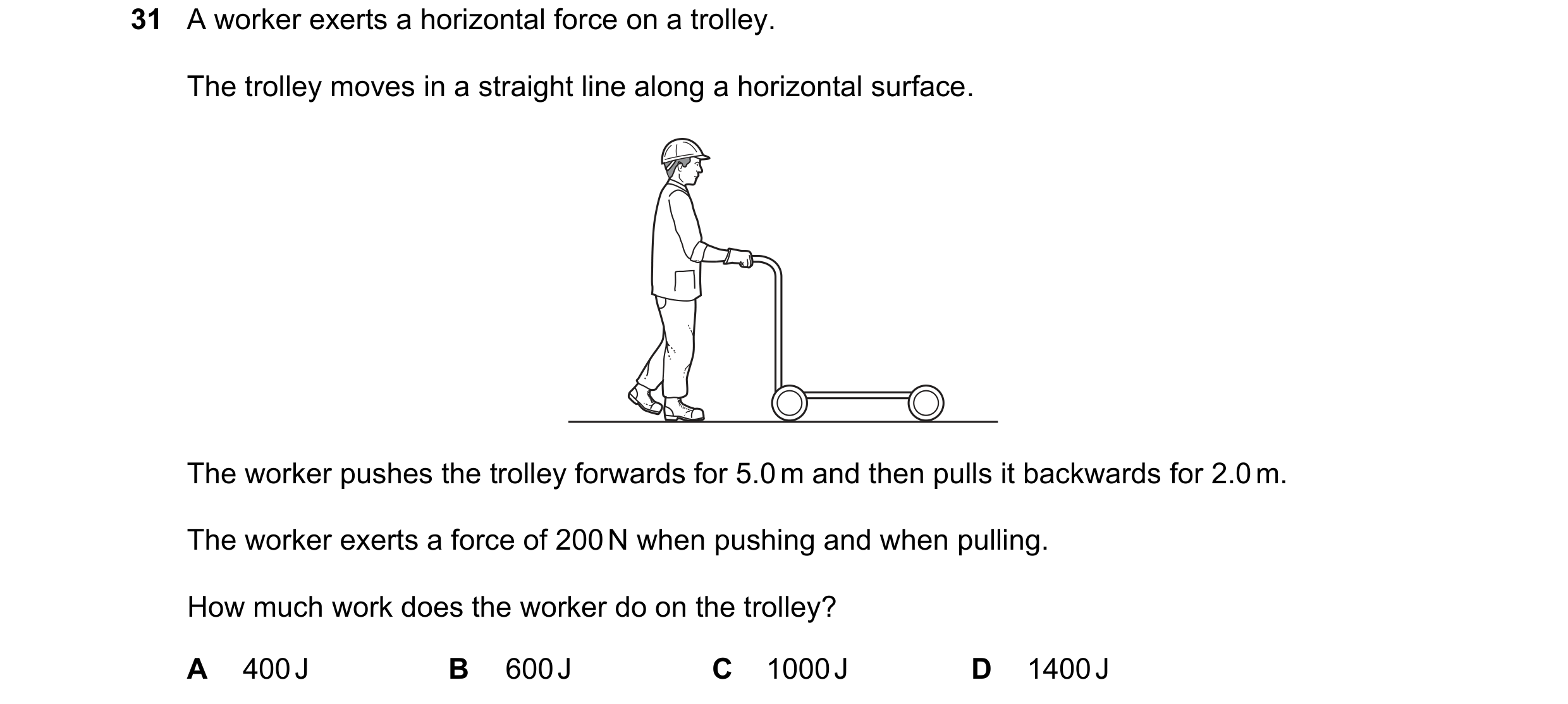 Question 96: A worker exerts a horizontal force on a trolley. The trolley moves in a straight line along a horizontal surface. The worker pushes the tro…