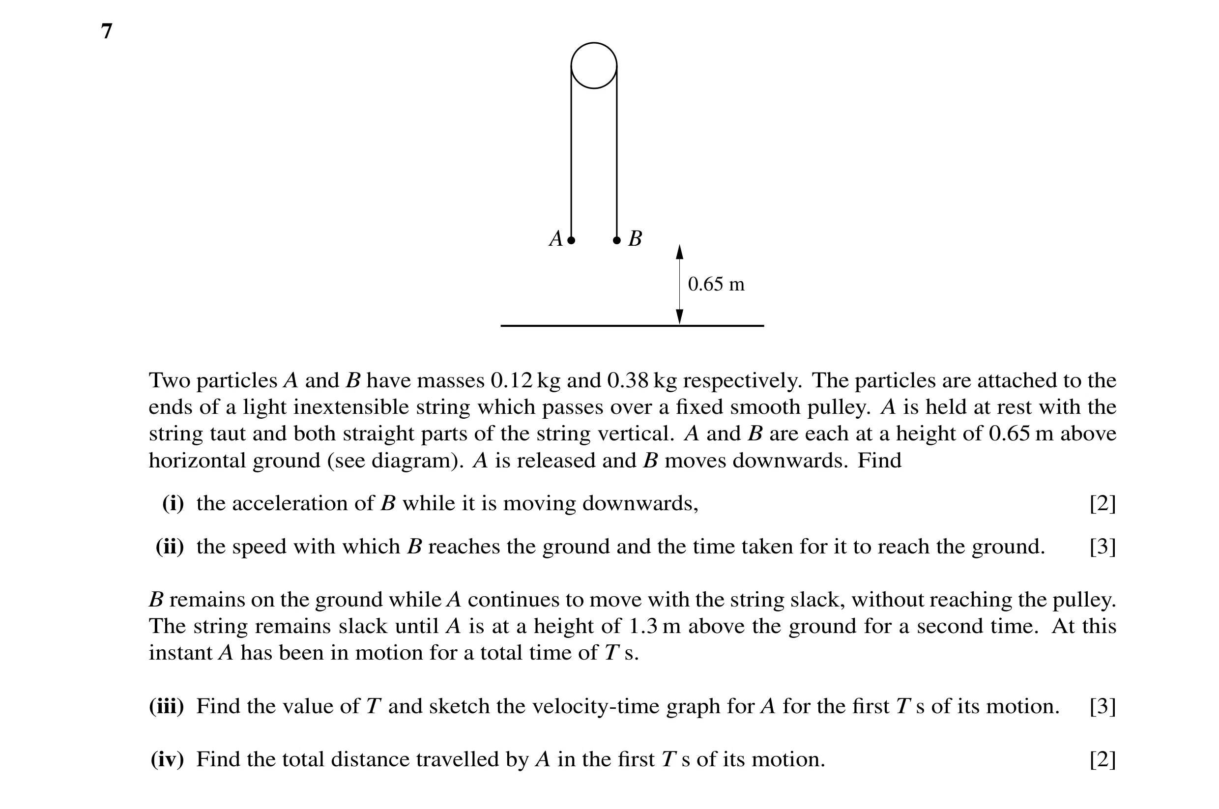 Question 12: A B 0.65 m Two particles A and B have masses 0.12 kg and 0.38 kg respectively. The particles are attached to the ends of a light inextensib…