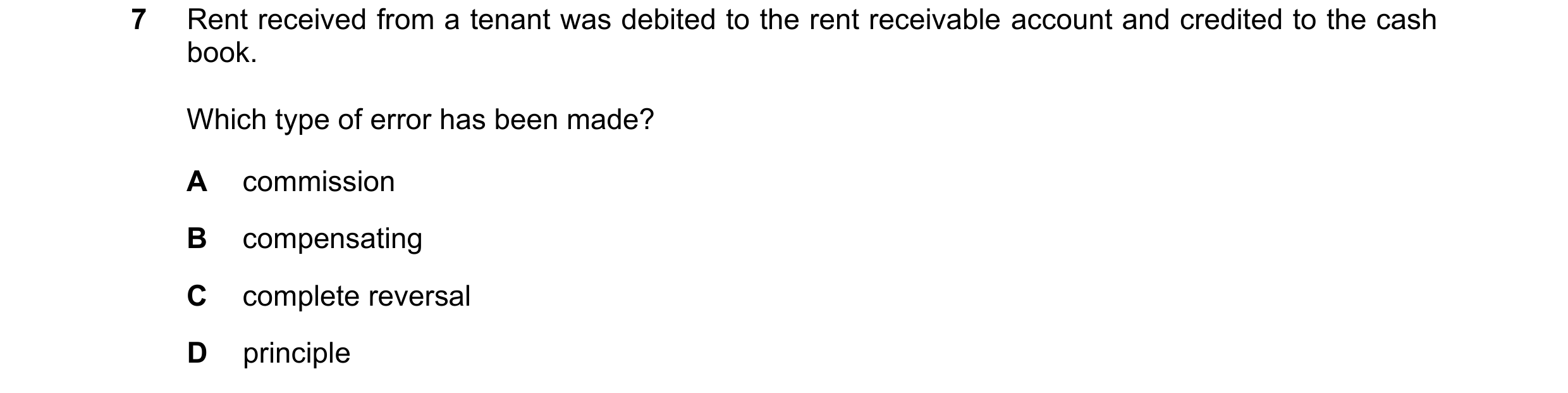 Question 3: Rent received from a tenant was debited to the rent receivable account and credited to the cash book. Which type of error has been made? A …