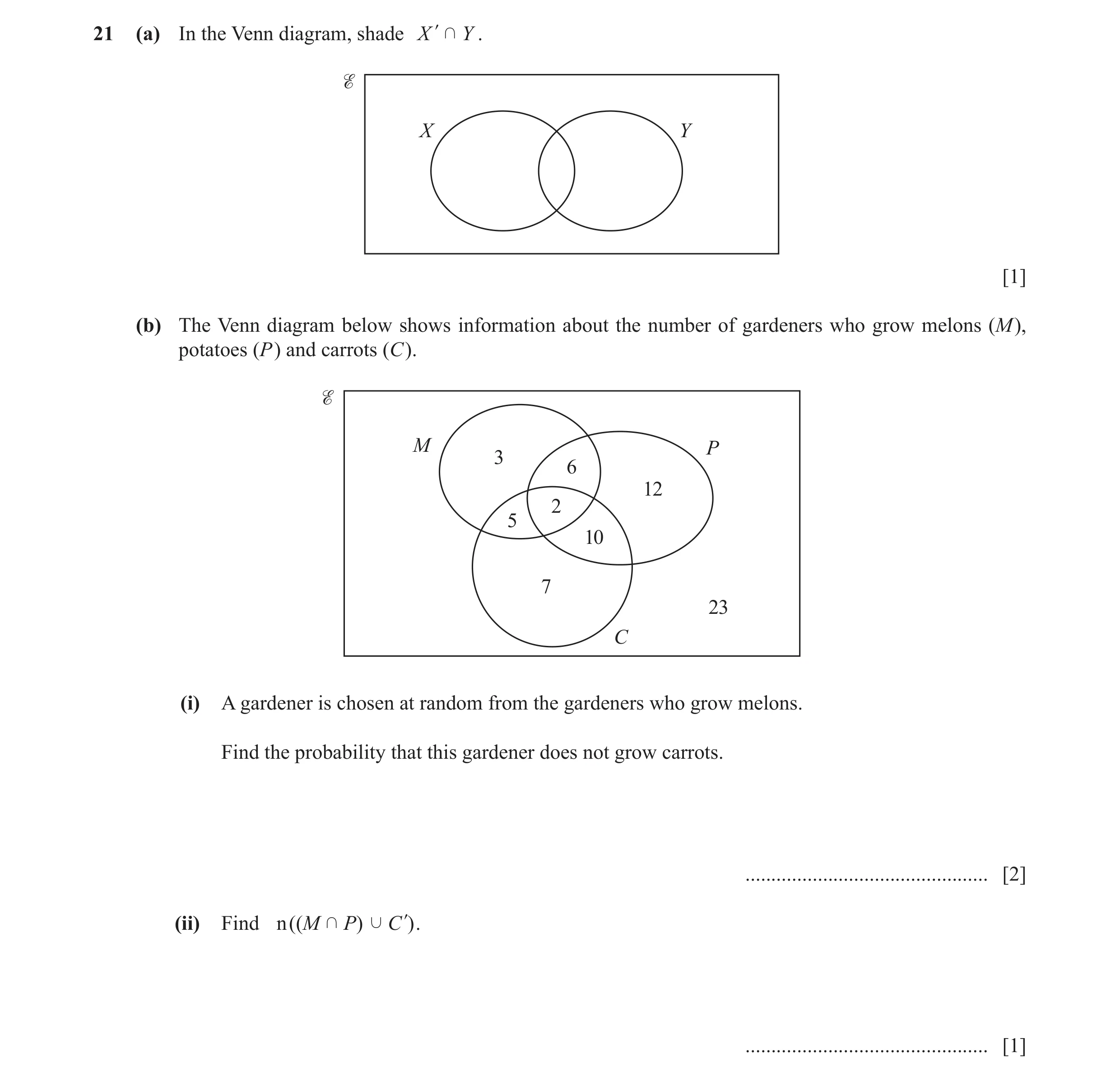 Question 30: (a) In the Venn diagram, shade X l k Y . X Y [1] (b) The Venn diagram below shows information about the number of gardeners who grow melons…