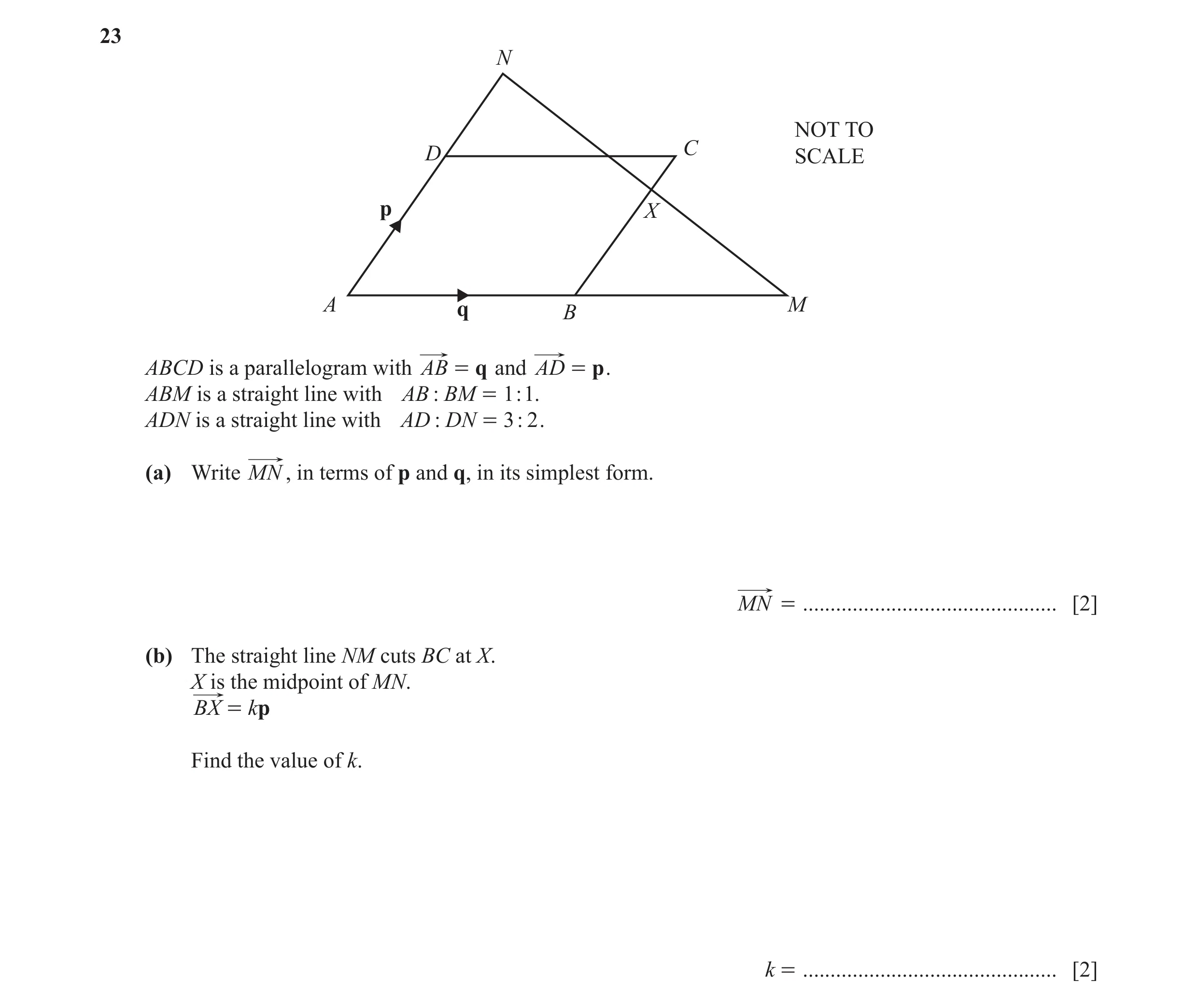 Question 47: N NOT TO D C SCALE p X A q B M ABCD is a parallelogram with AB = q and AD = p . ABM is a straight line with AB : BM = 1 : 1. ADN is a strai…