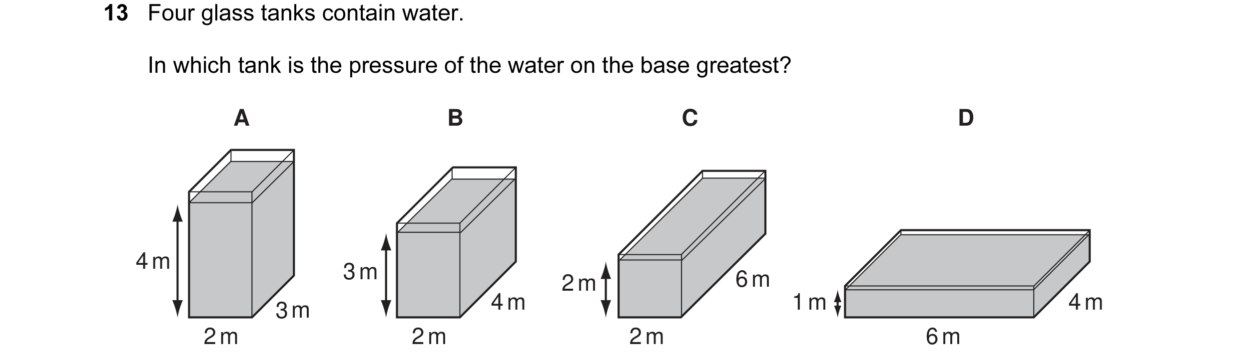 Question 14: Four glass tanks contain water. In which tank is the pressure of the water on the base greatest? A B C D 4 m 3 m 6 m 2 m 3 m 4 m 1 m 4 m 2 …