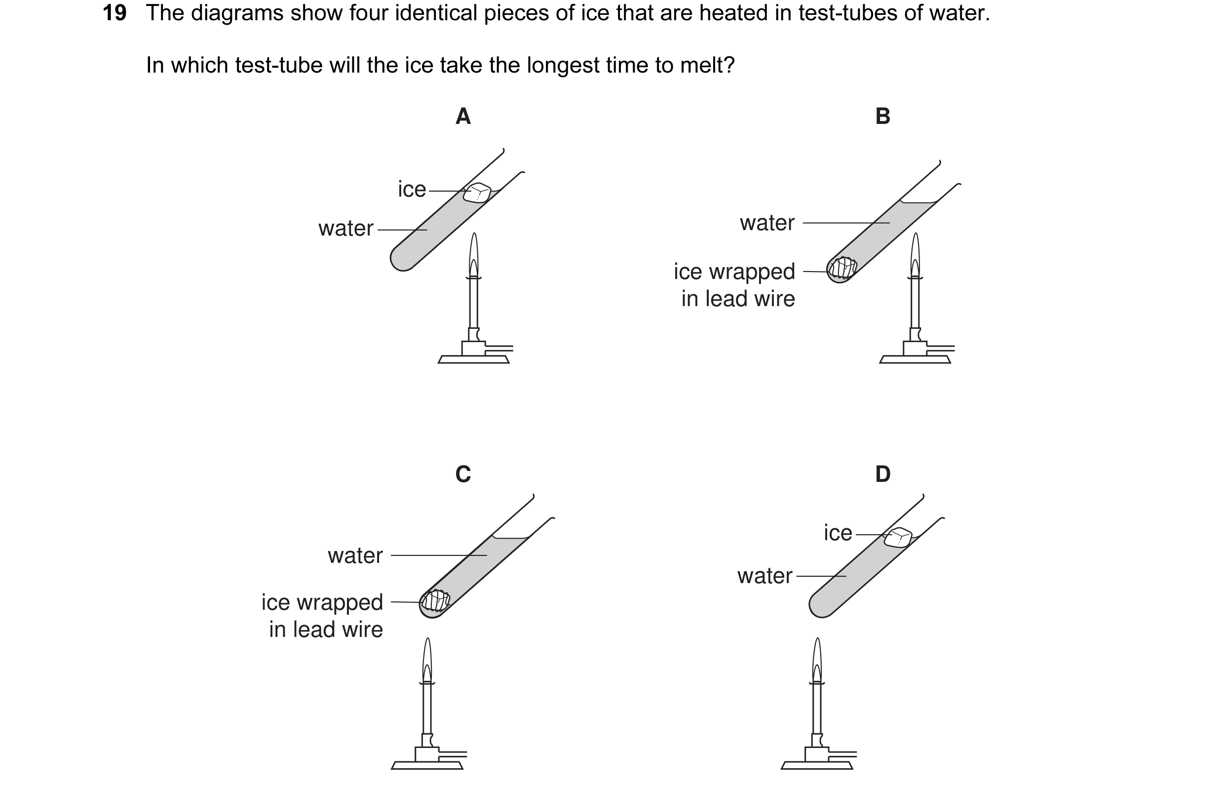 Question 11: The diagrams show four identical pieces of ice that are heated in test-tubes of water. In which test-tube will the ice take the longest tim…