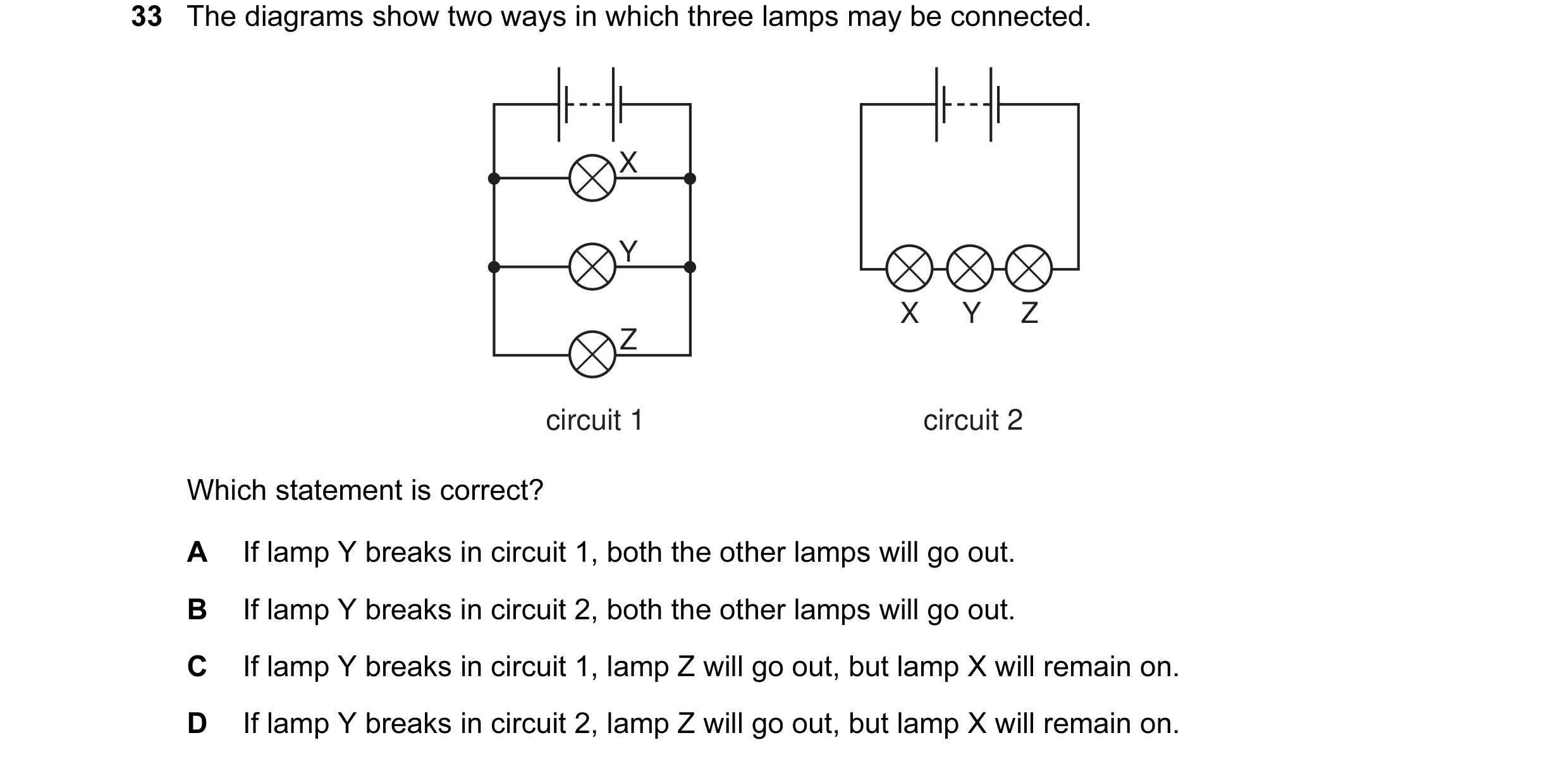 Question 26: The diagrams show two ways in which three lamps may be connected. X Y X Y Z Z circuit 1 circuit 2 Which statement is correct? A If lamp Y b…