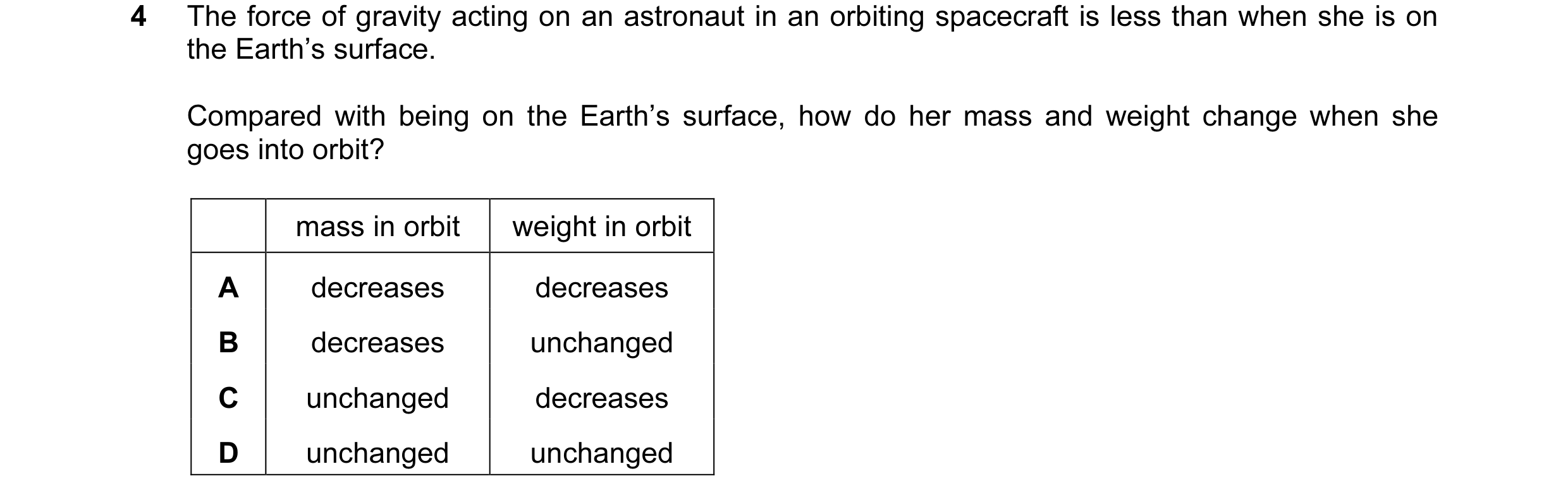 Question 11: The force of gravity acting on an astronaut in an orbiting spacecraft is less than when she is on the Earth’s surface. Compared with being …