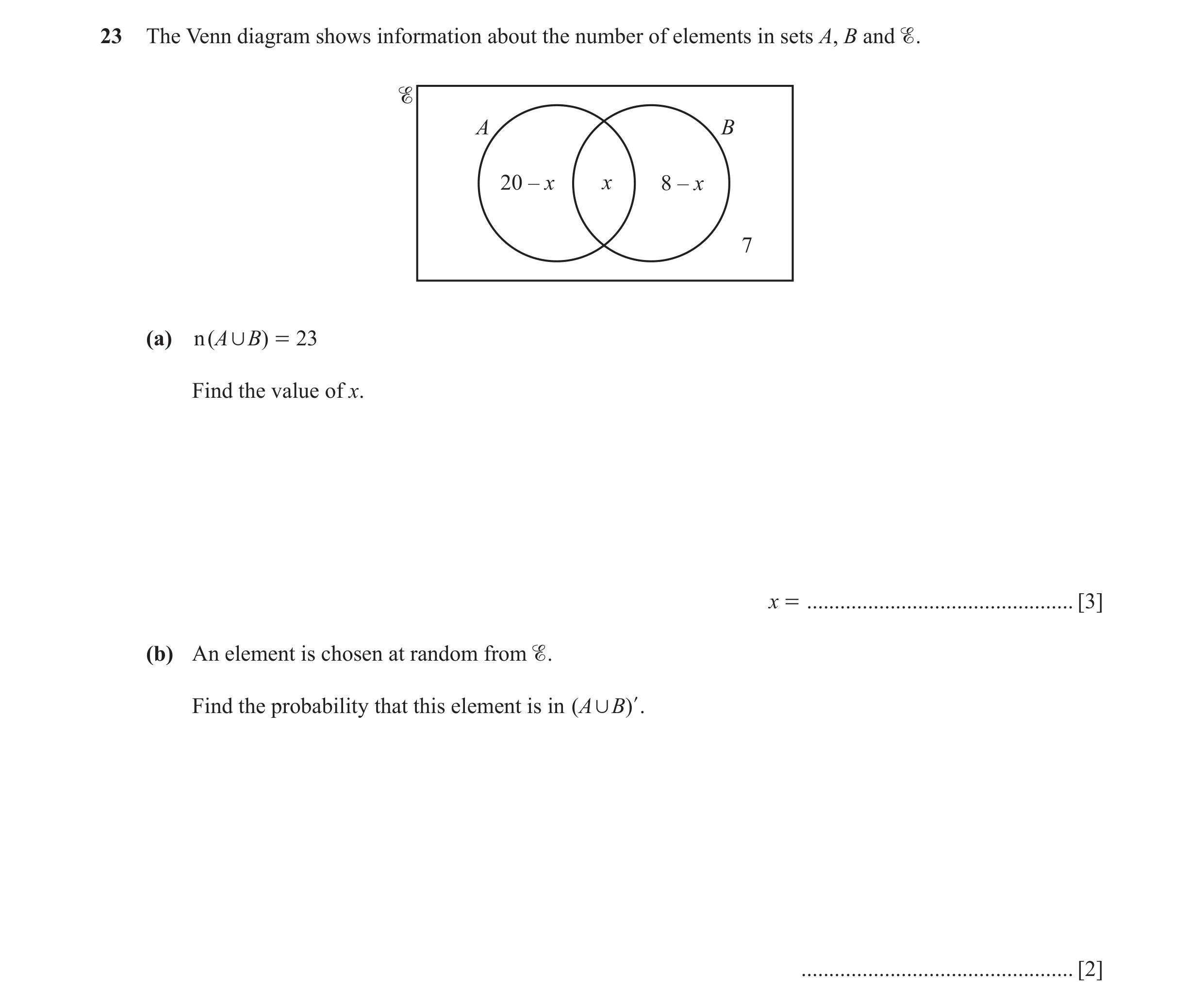 Question 28: The Venn diagram shows information about the number of elements in sets A, B and . A B 20 – x x 8 – x 7 (a) n (A , B) = 23 Find the value …