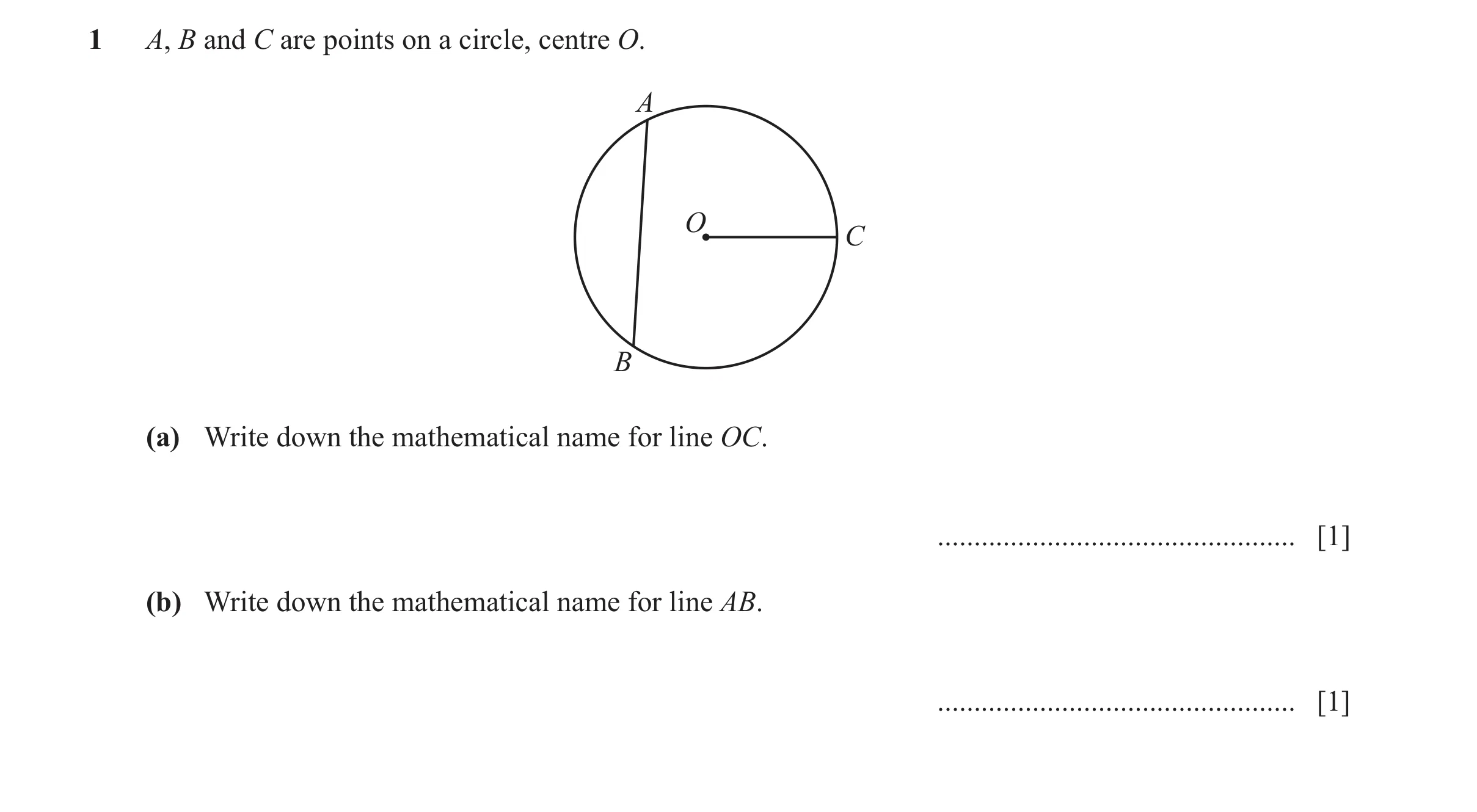 Question 66: A, B and C are points on a circle, centre O. A O C B (a) Write down the mathematical name for line OC. ....................................…