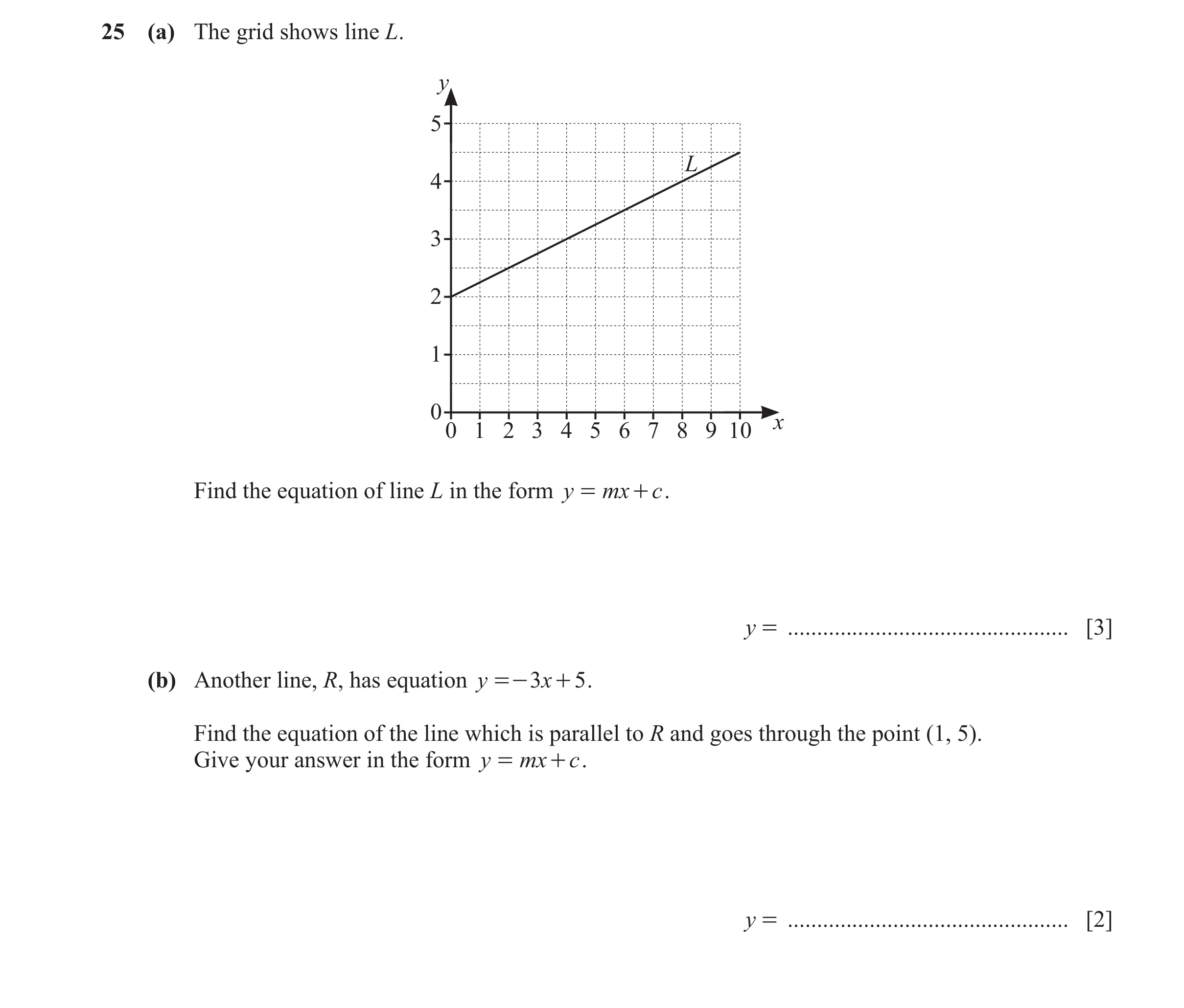 Question 31: (a) The grid shows line L. y 5 L 4 3 2 1 0 x 0 1 2 3 4 5 6 7 8 9 10 Find the equation of line L in the form y = mx + c . y = ..............…