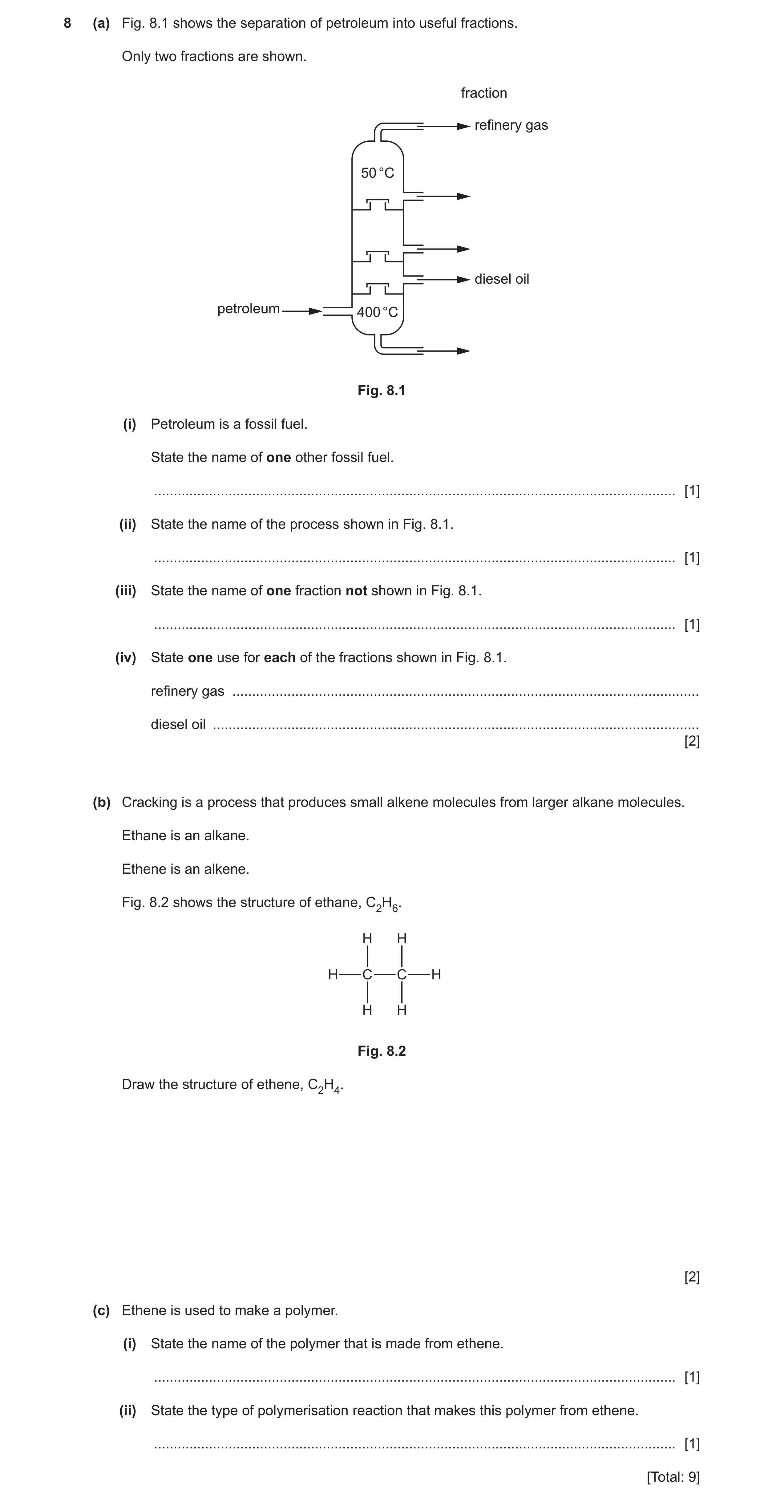 Question 34: (a) Fig. 8.1 shows the separation of petroleum into useful fractions. Only two fractions are shown. fraction refinery gas 50 °C diesel oil …