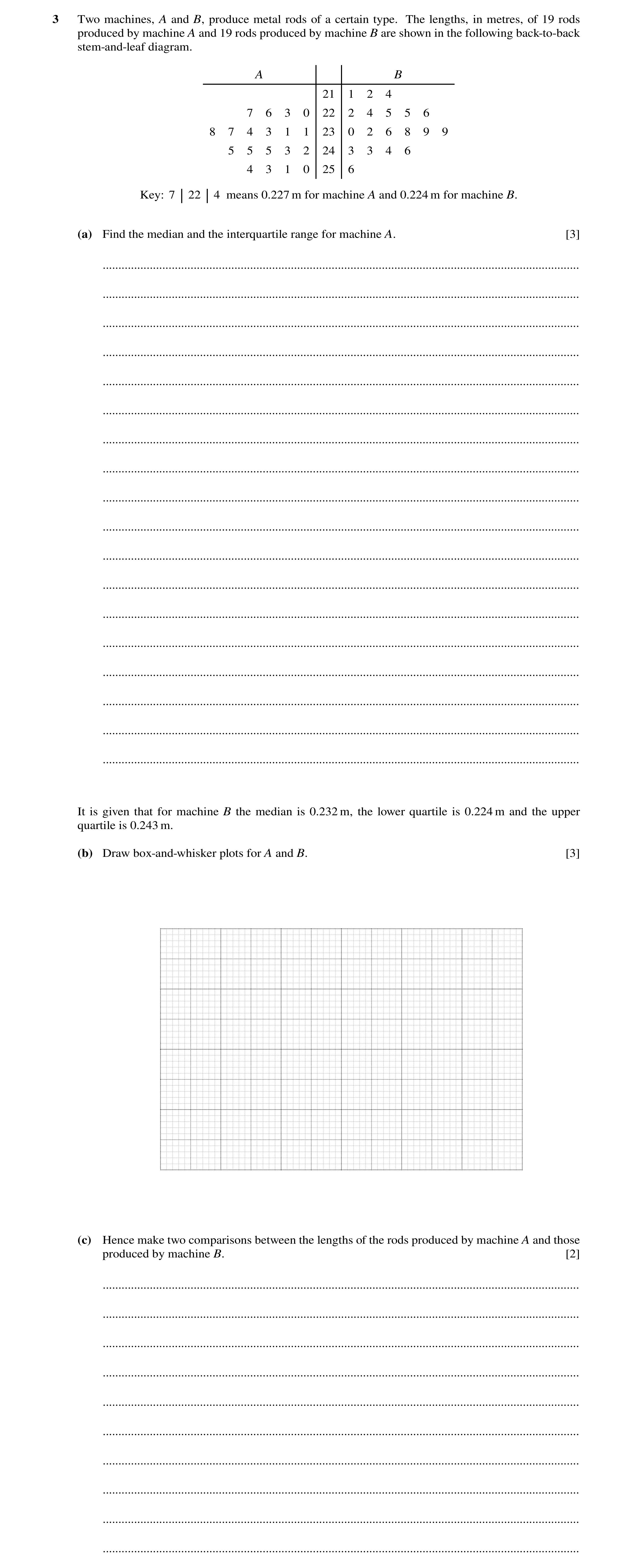 Question 3: Two machines, A and B, produce metal rods of a certain type. The lengths, in metres, of 19 rods produced by machine A and 19 rods produced …