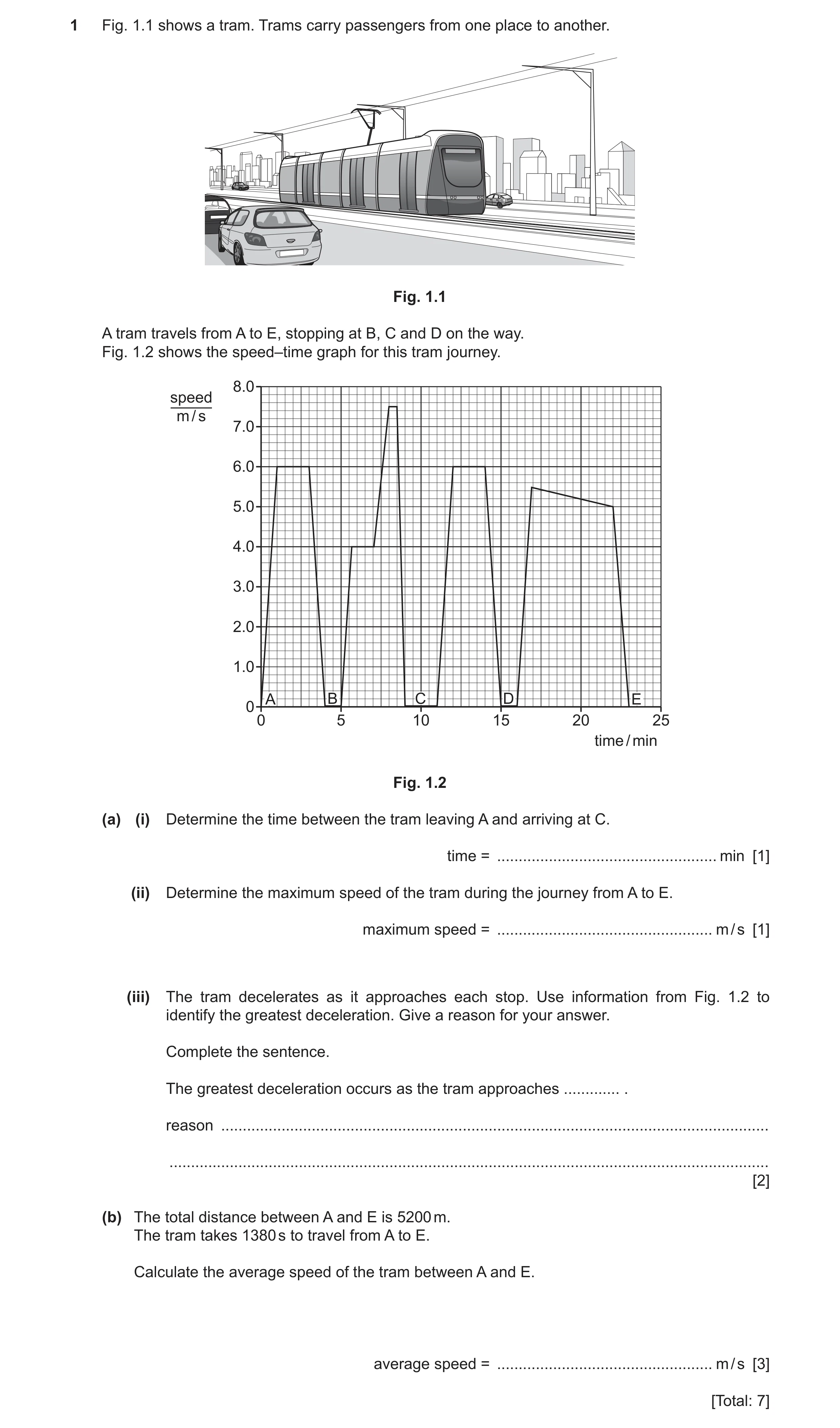 Question 47: Fig. 1.1 shows a tram. Trams carry passengers from one place to another. Fig. 1.1 A tram travels from A to E, stopping at B, C and D on the…